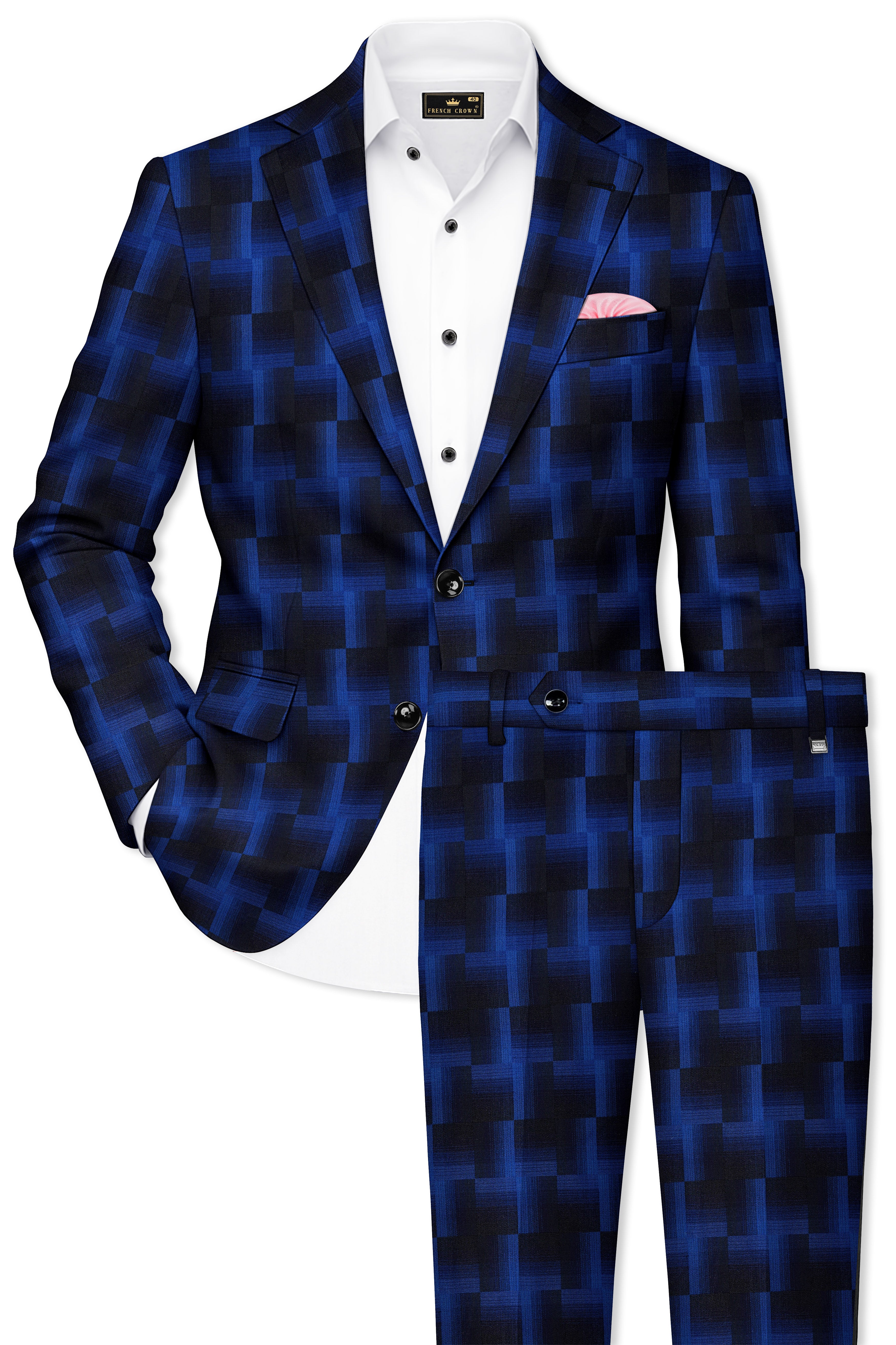 Marine Blue and Black Geometric Pattern Wool Rich Suit