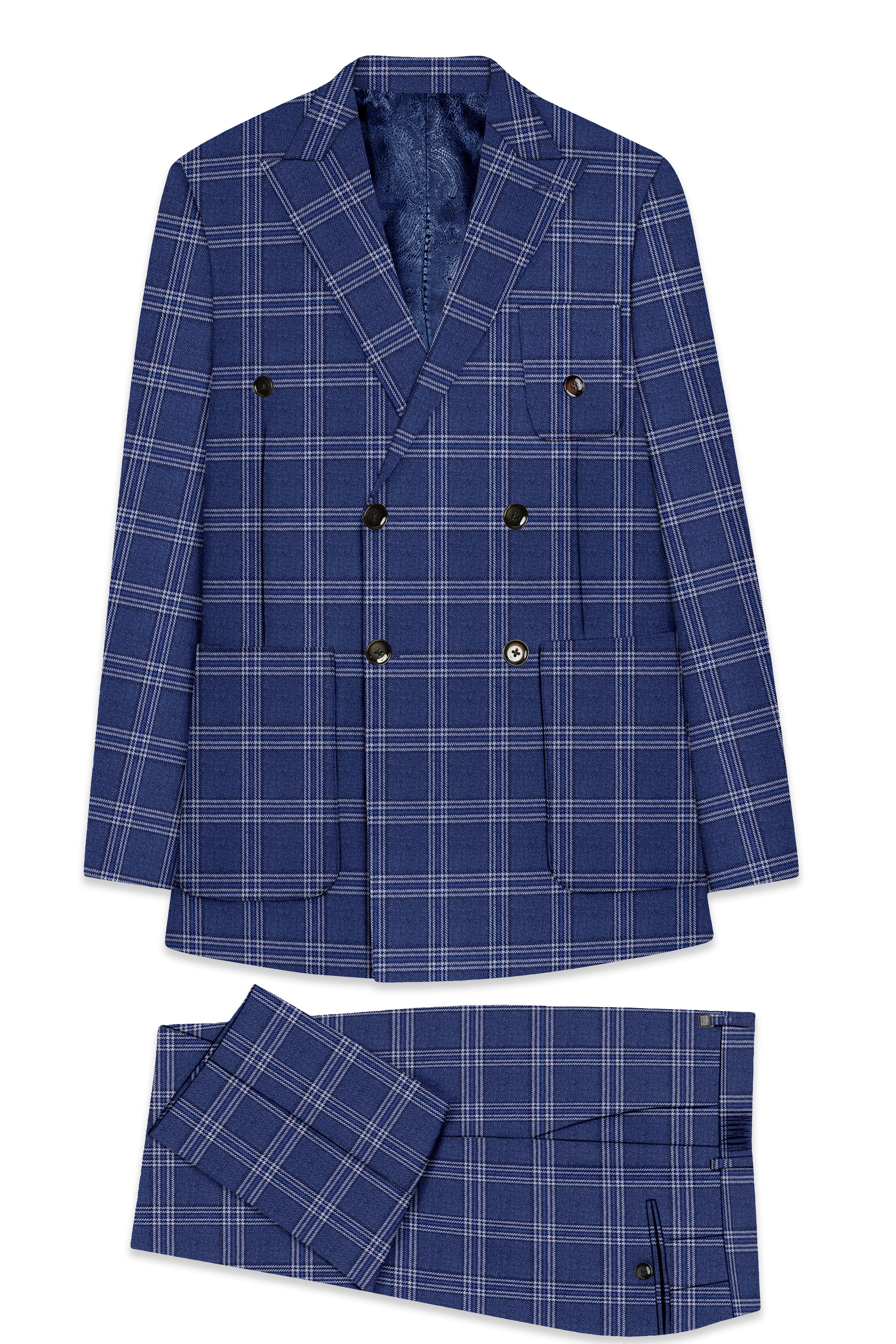 Cloud Blue and White Plaid Tweed Double Breasted Suit