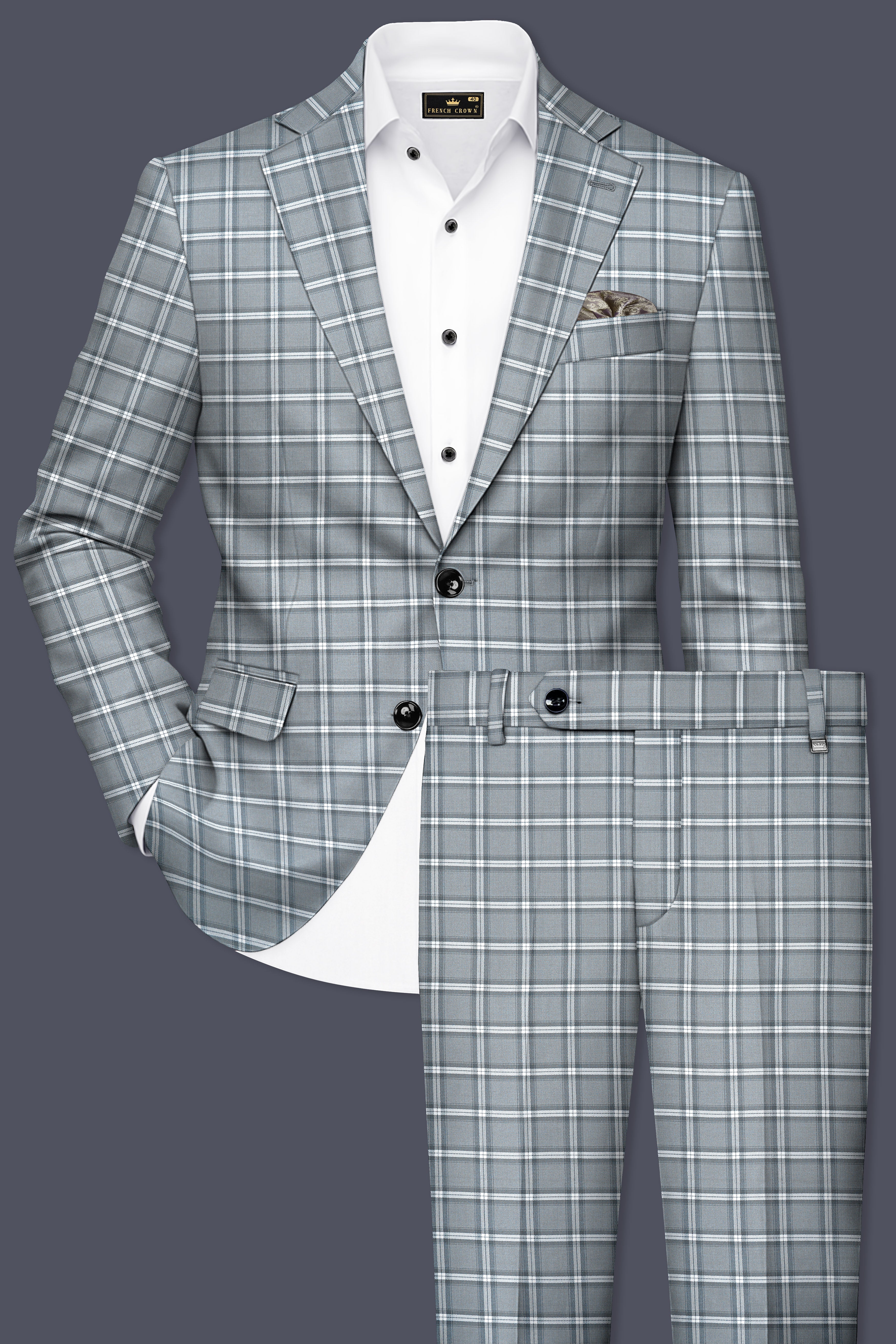 Pewter Gray and White Windowpane Wool Rich Suit