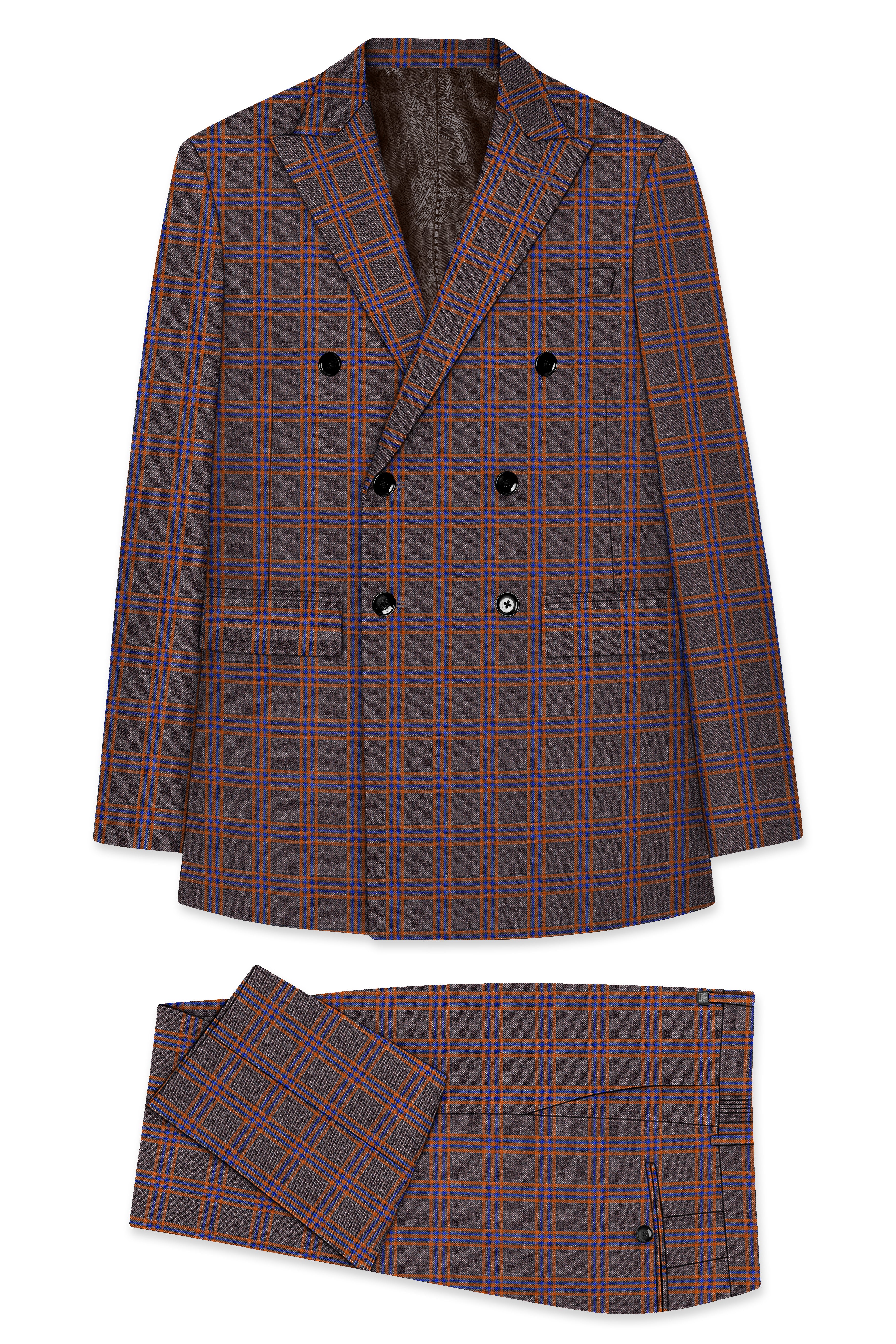 Emperor Gray and Russet Brown Plaid Tweed Double Breasted Suit