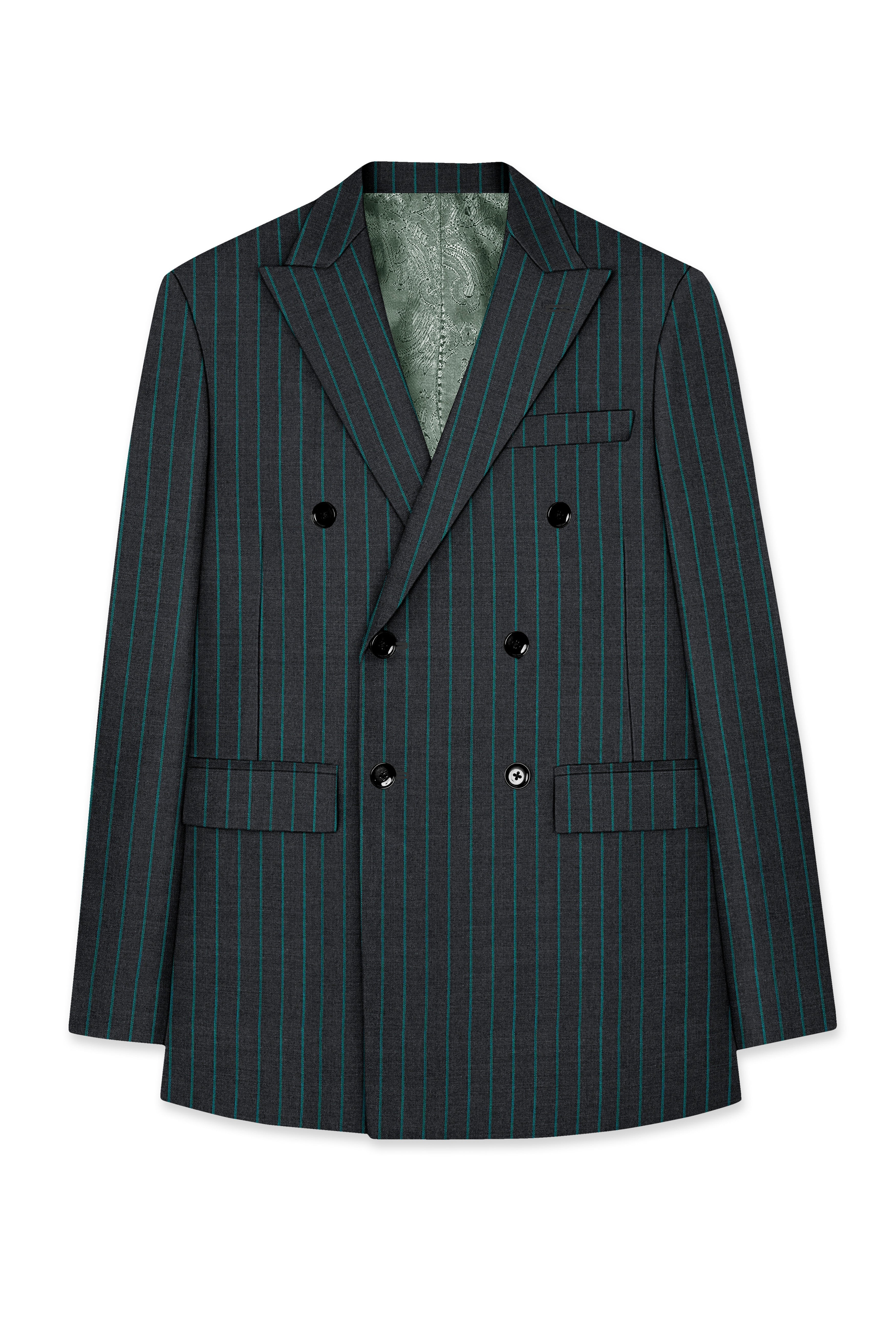 Gravel Gray and Lagoon Blue Striped Wool Rich Double Breasted Suit