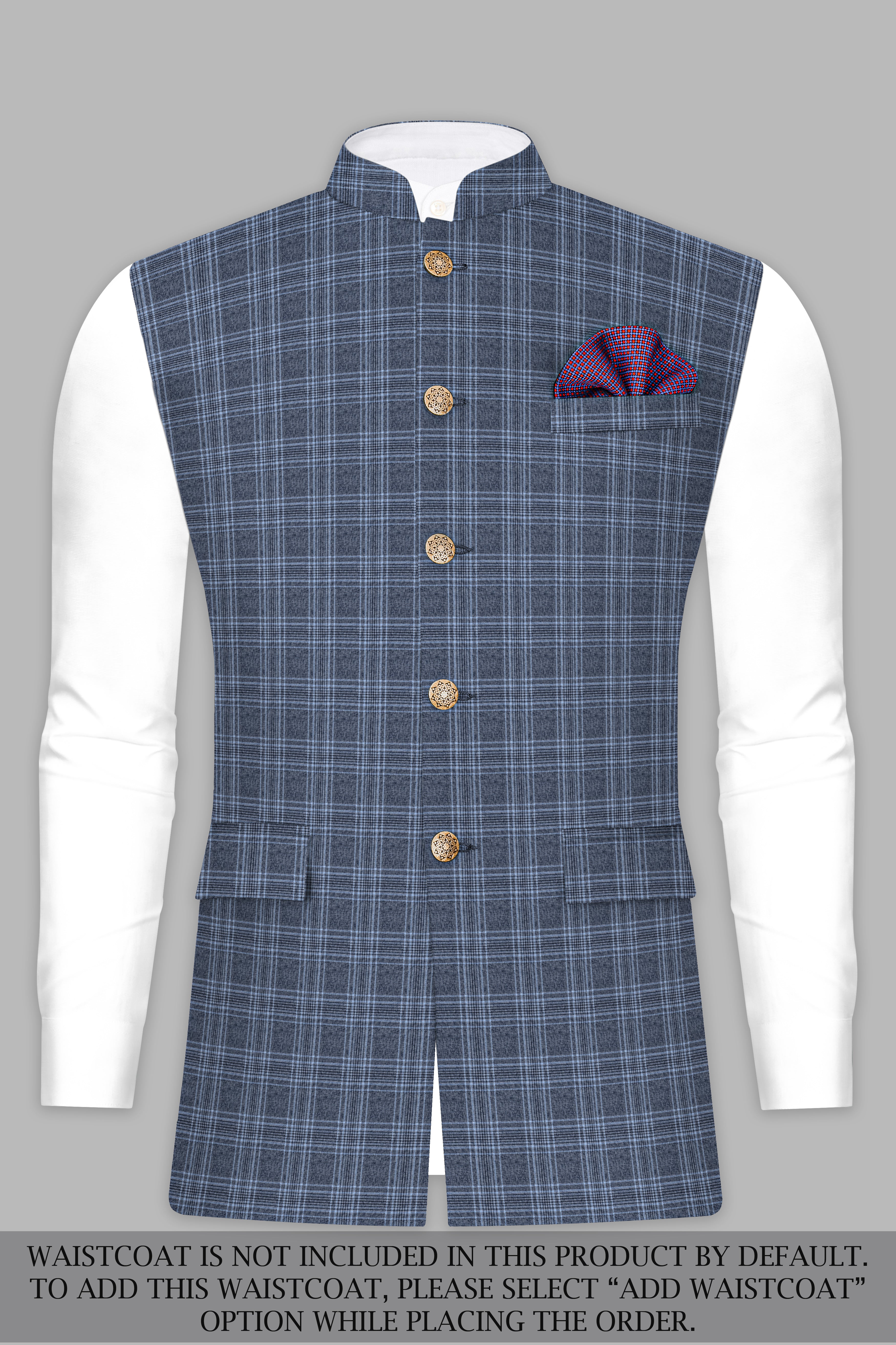 Dolphin And Casper Blue Checkered Cross Placket Bandhgala Wool Rich Suit