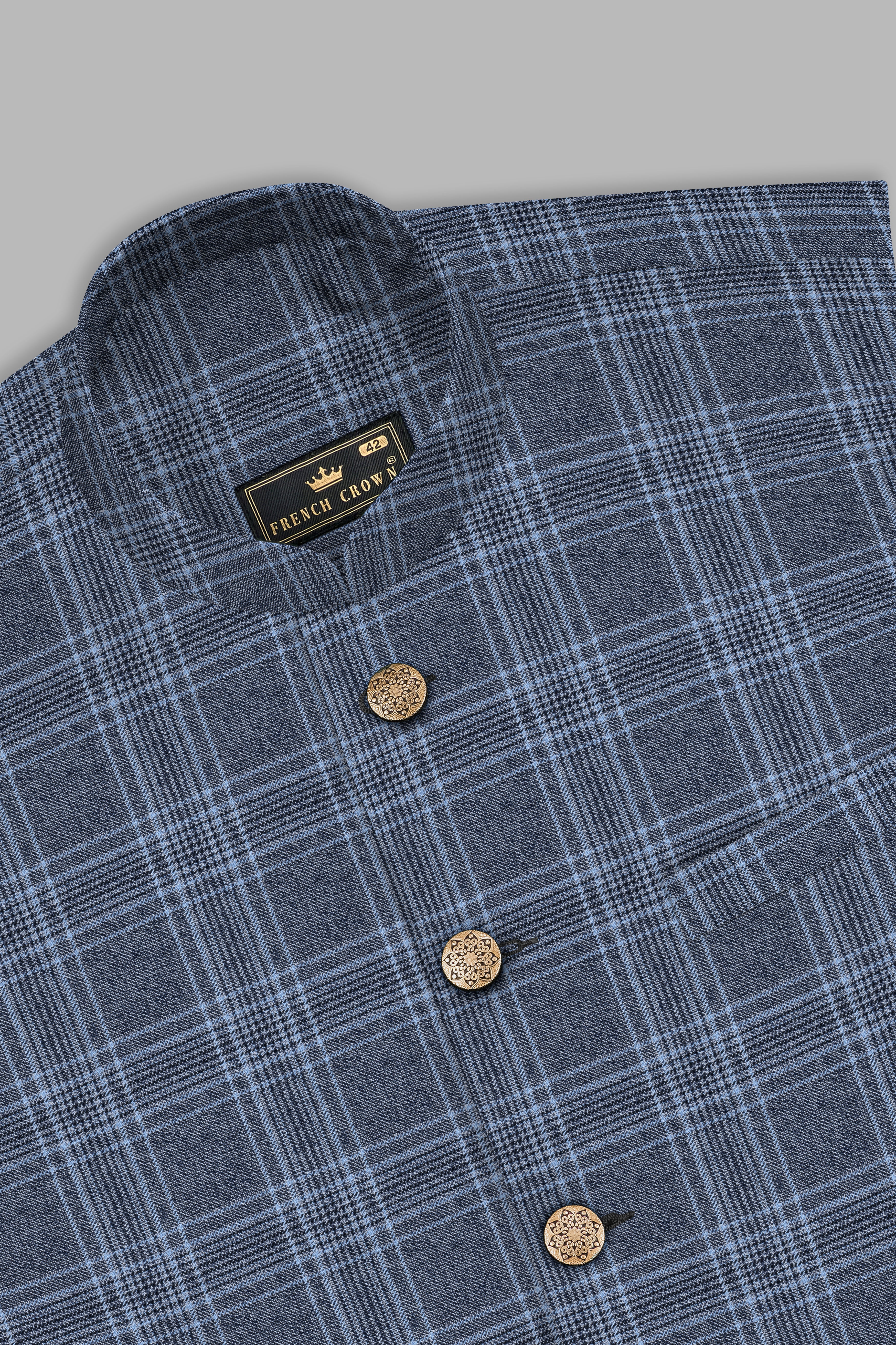Dolphin And Casper Blue Checkered Cross Placket Bandhgala Wool Rich Suit