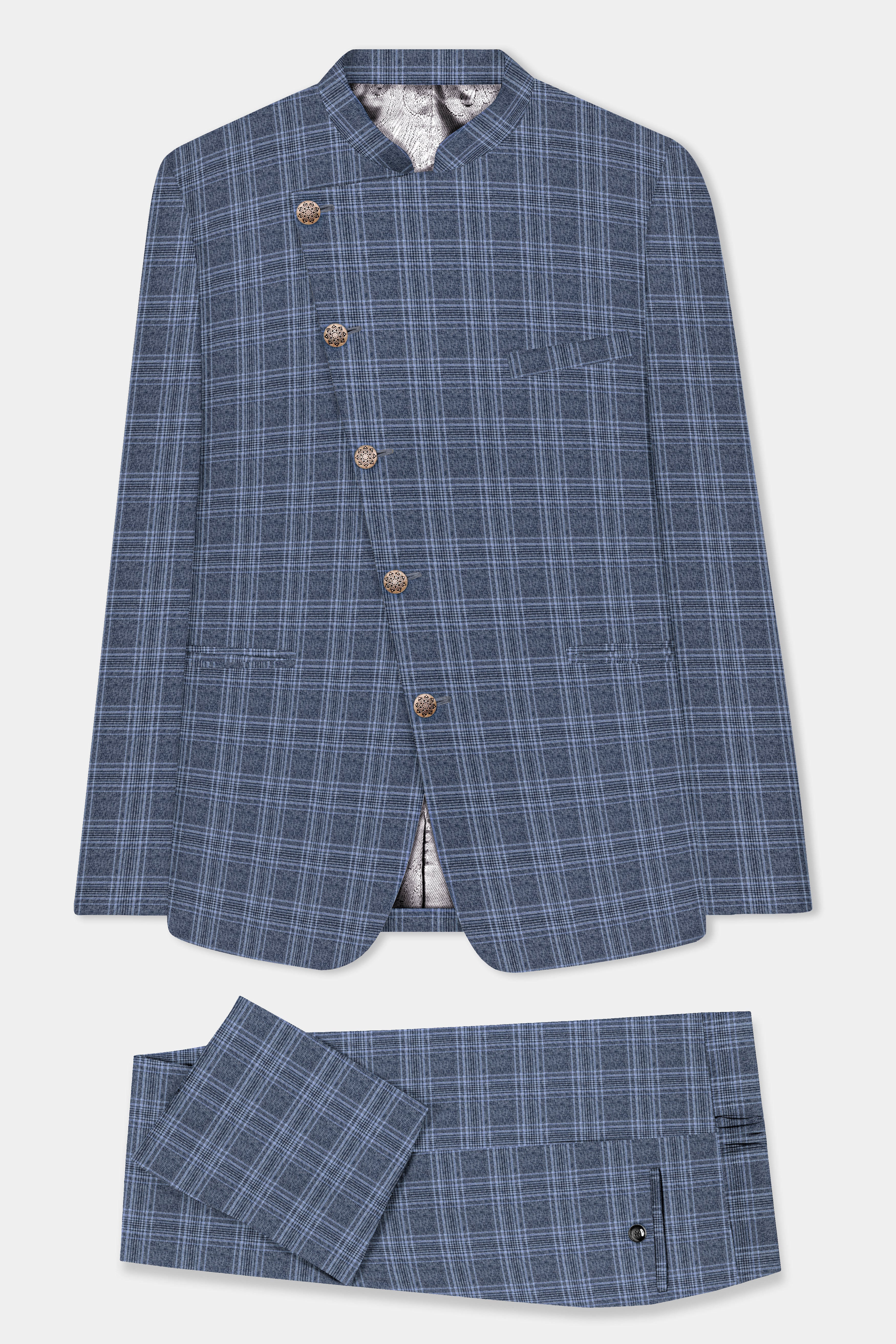 Dolphin And Casper Blue Checkered Cross Placket Bandhgala Wool Rich Suit