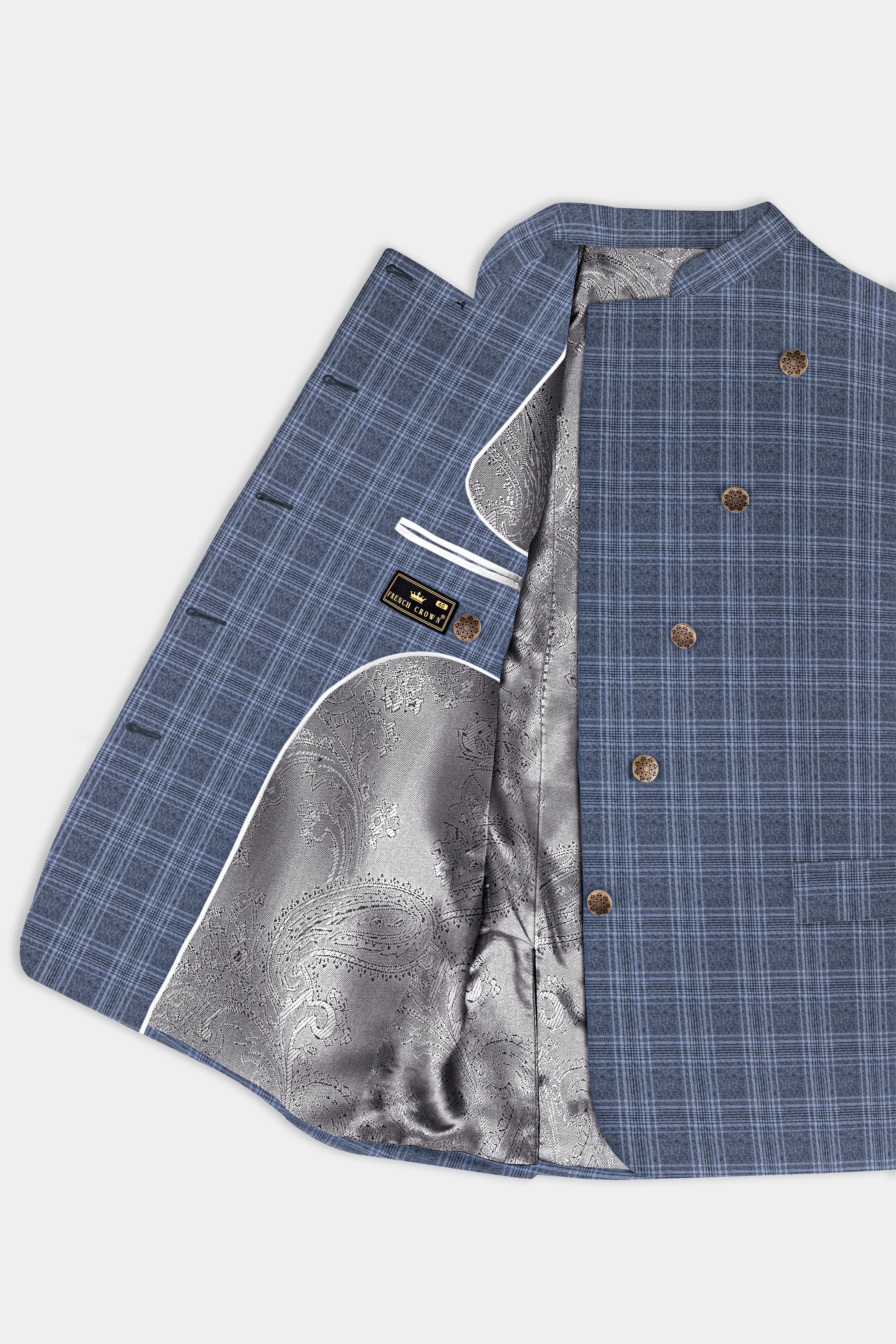 Dolphin And Casper Blue Checkered Cross Placket Bandhgala Wool Rich Suit