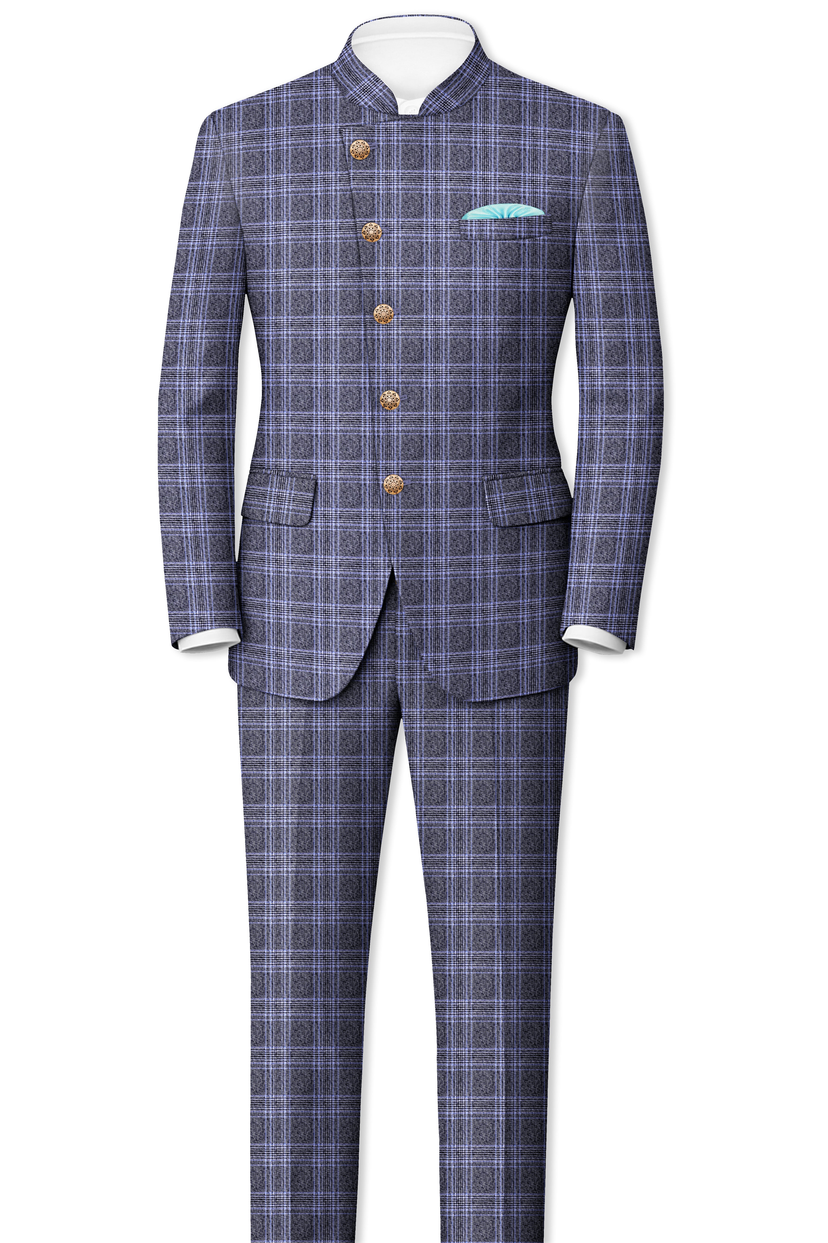 Dolphin And Casper Blue Checkered Cross Placket Bandhgala Wool Rich Suit