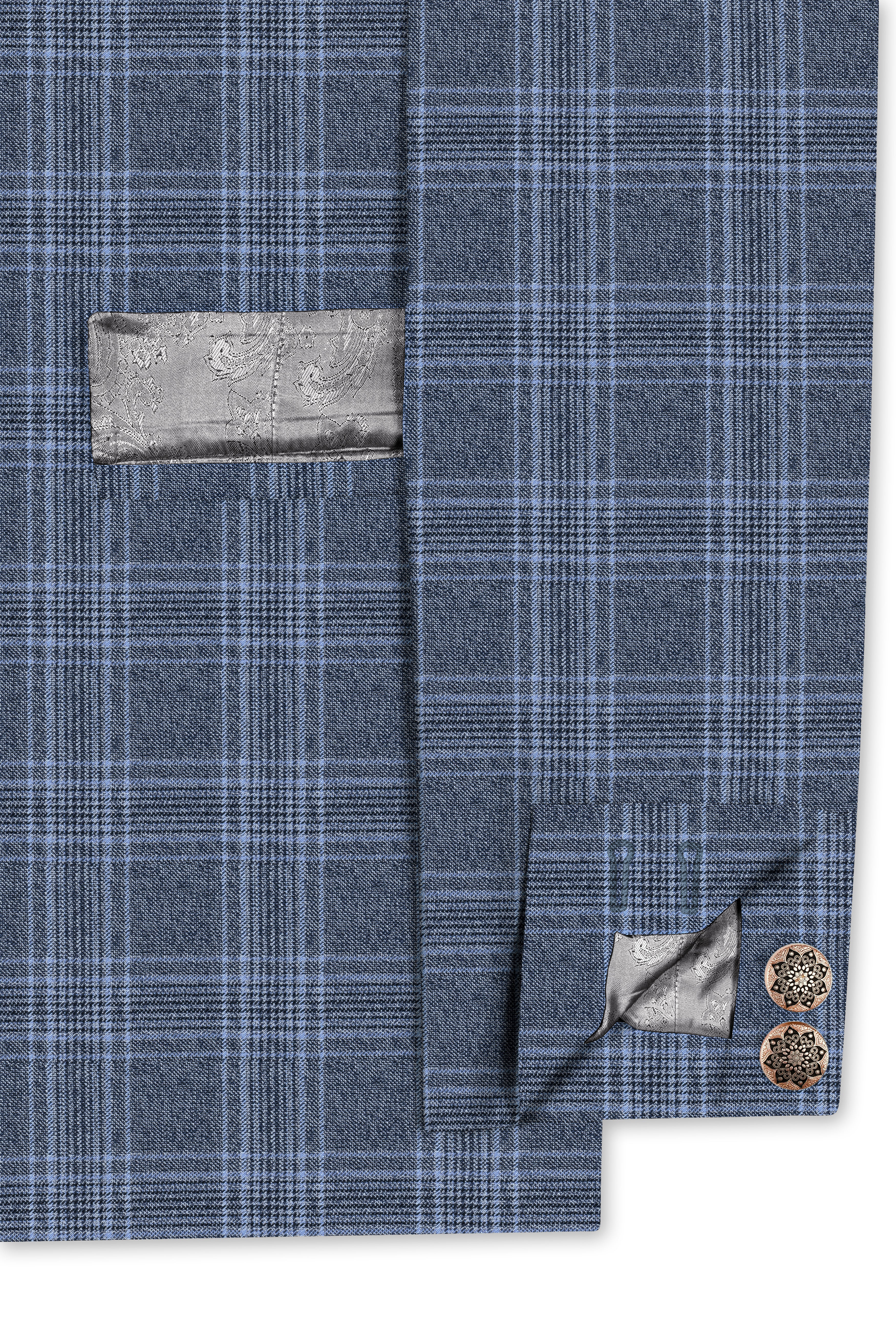 Dolphin And Casper Blue Checkered Cross Placket Bandhgala Wool Rich Suit