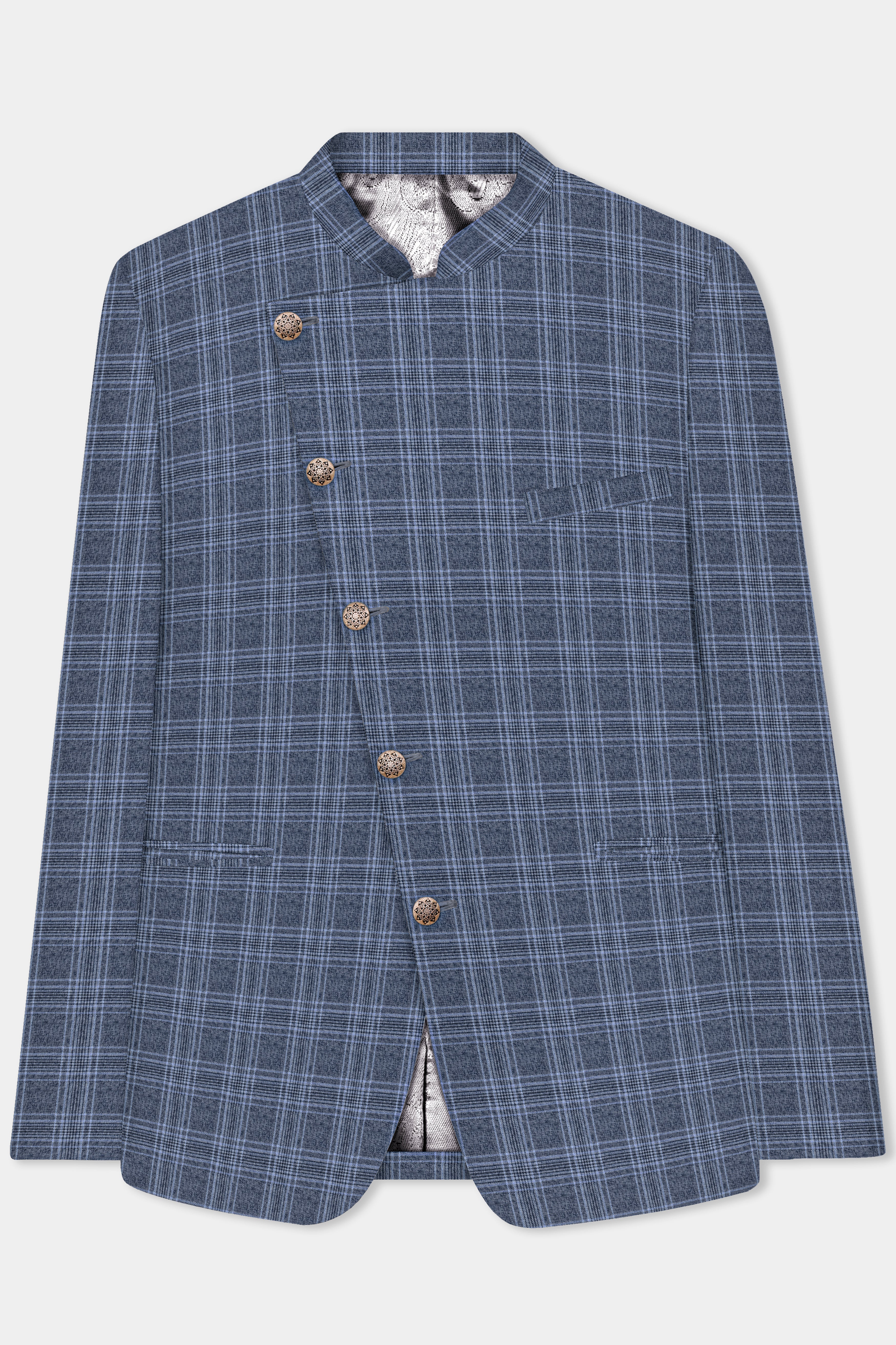 Dolphin And Casper Blue Checkered Cross Placket Bandhgala Wool Rich Suit