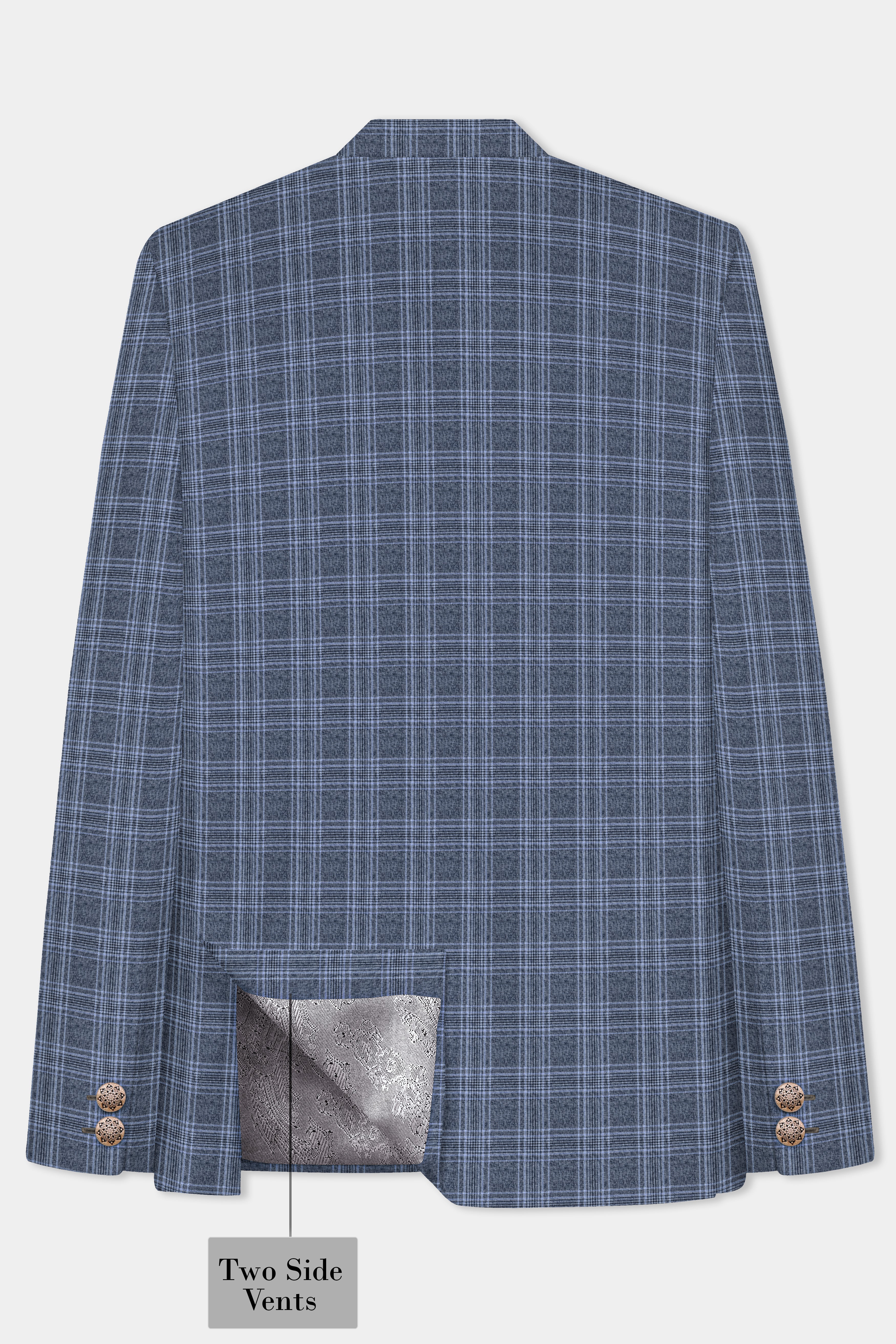 Dolphin And Casper Blue Checkered Cross Placket Bandhgala Wool Rich Suit
