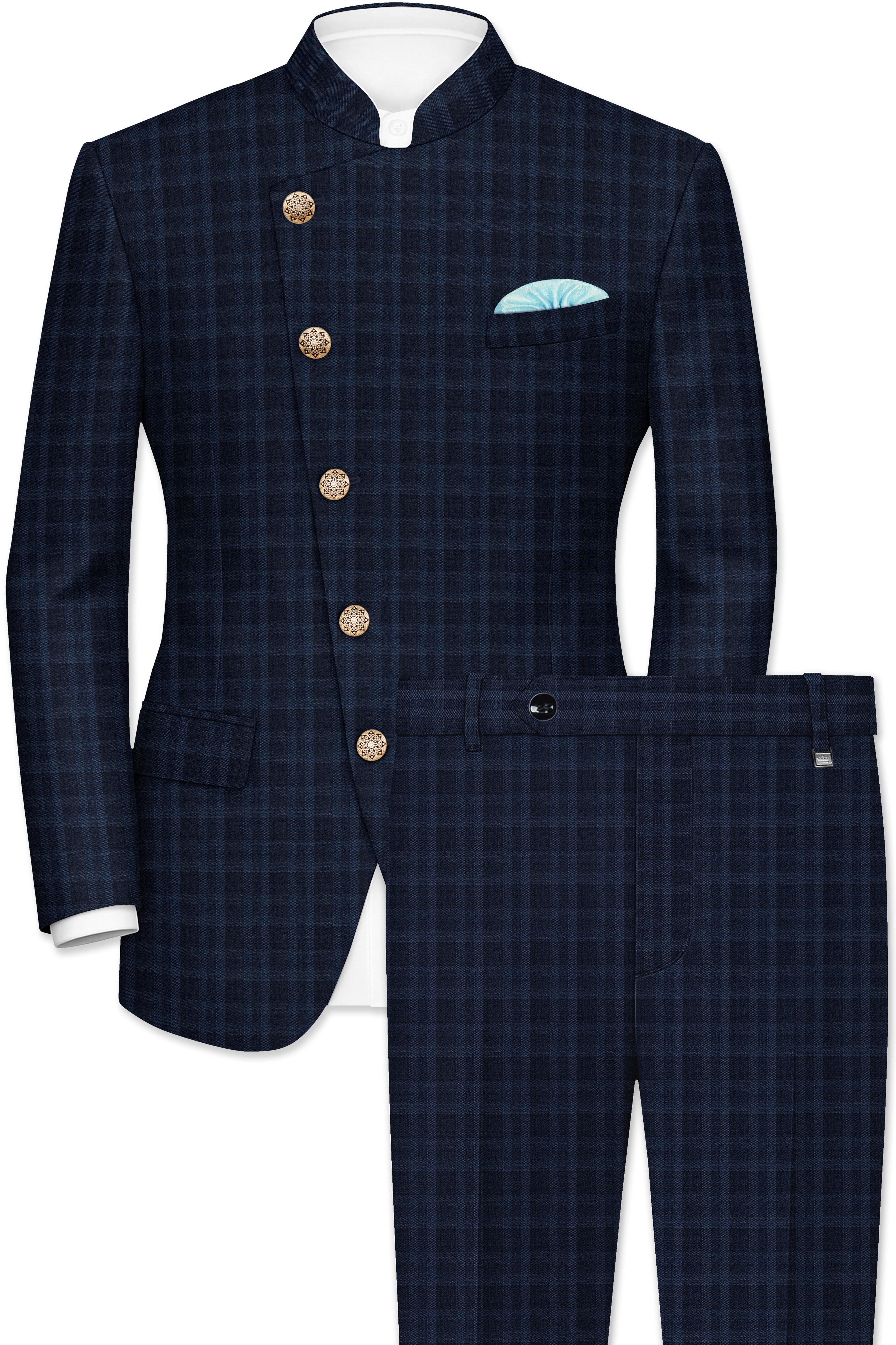 Baltic Blue Plaid Wool Rich Cross Placket Bandhgala Suit
