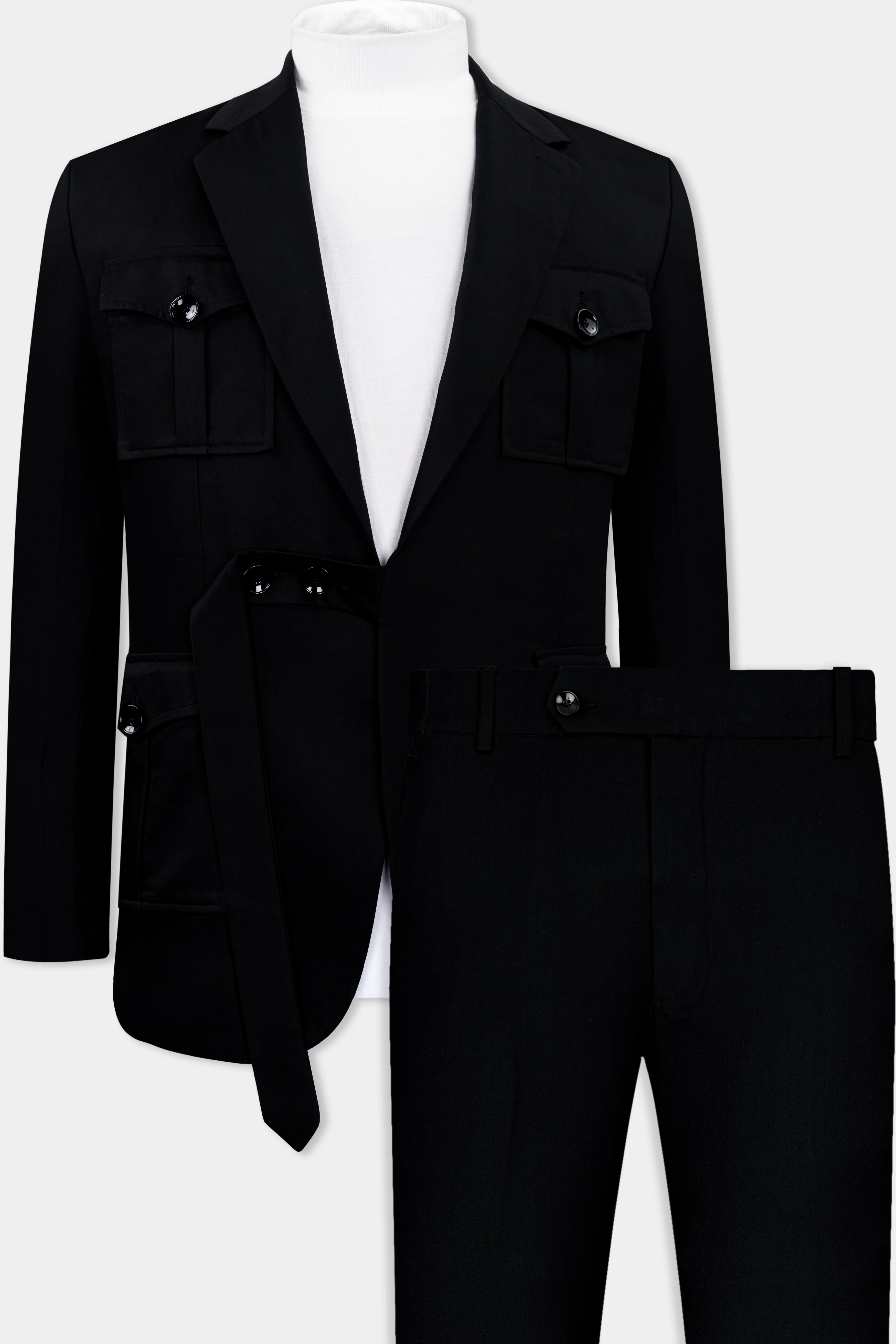 Jade Black Stretchable Subtle Sheen Patch Pockets Sport Suit