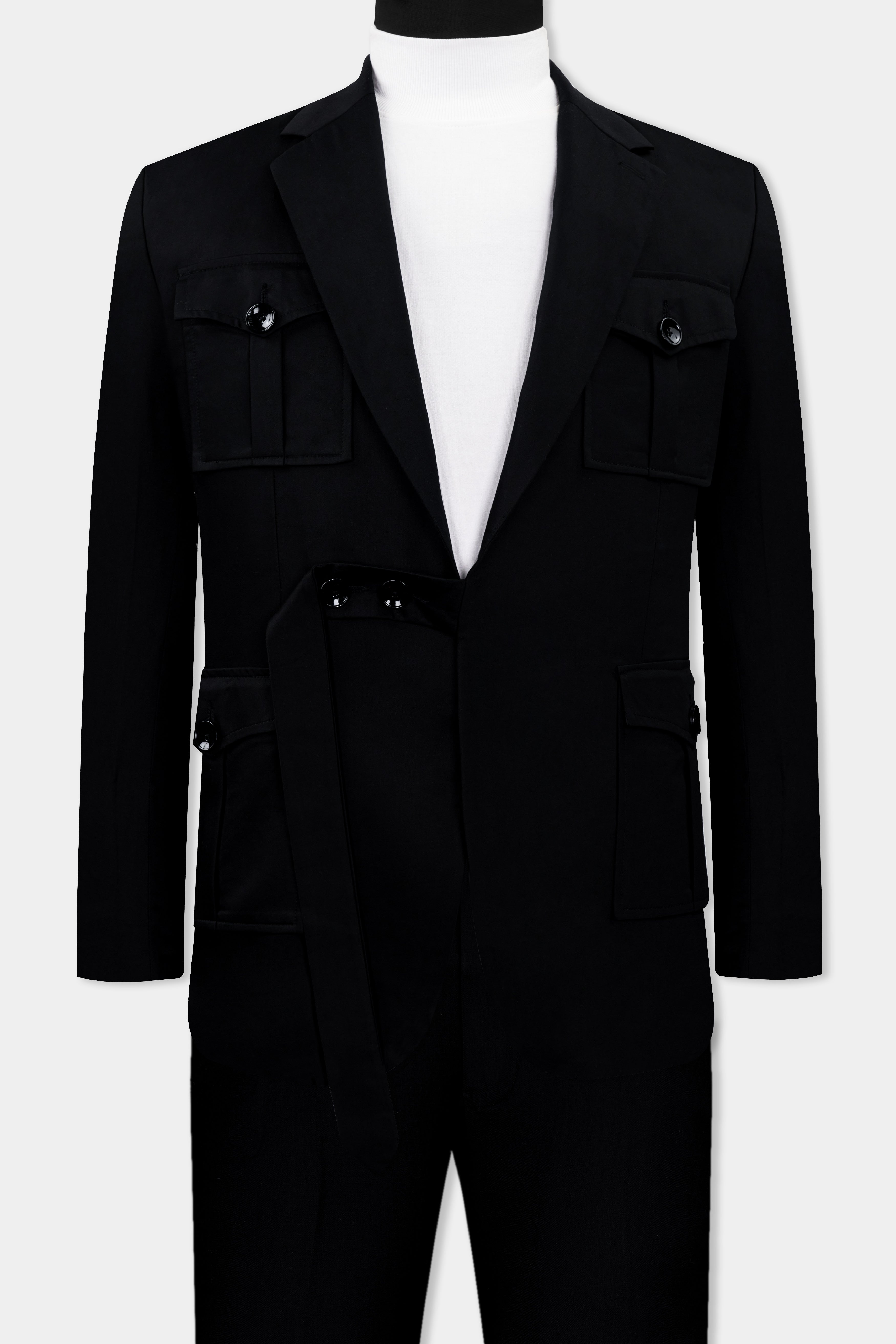 Jade Black Stretchable Subtle Sheen Patch Pockets Sport Suit