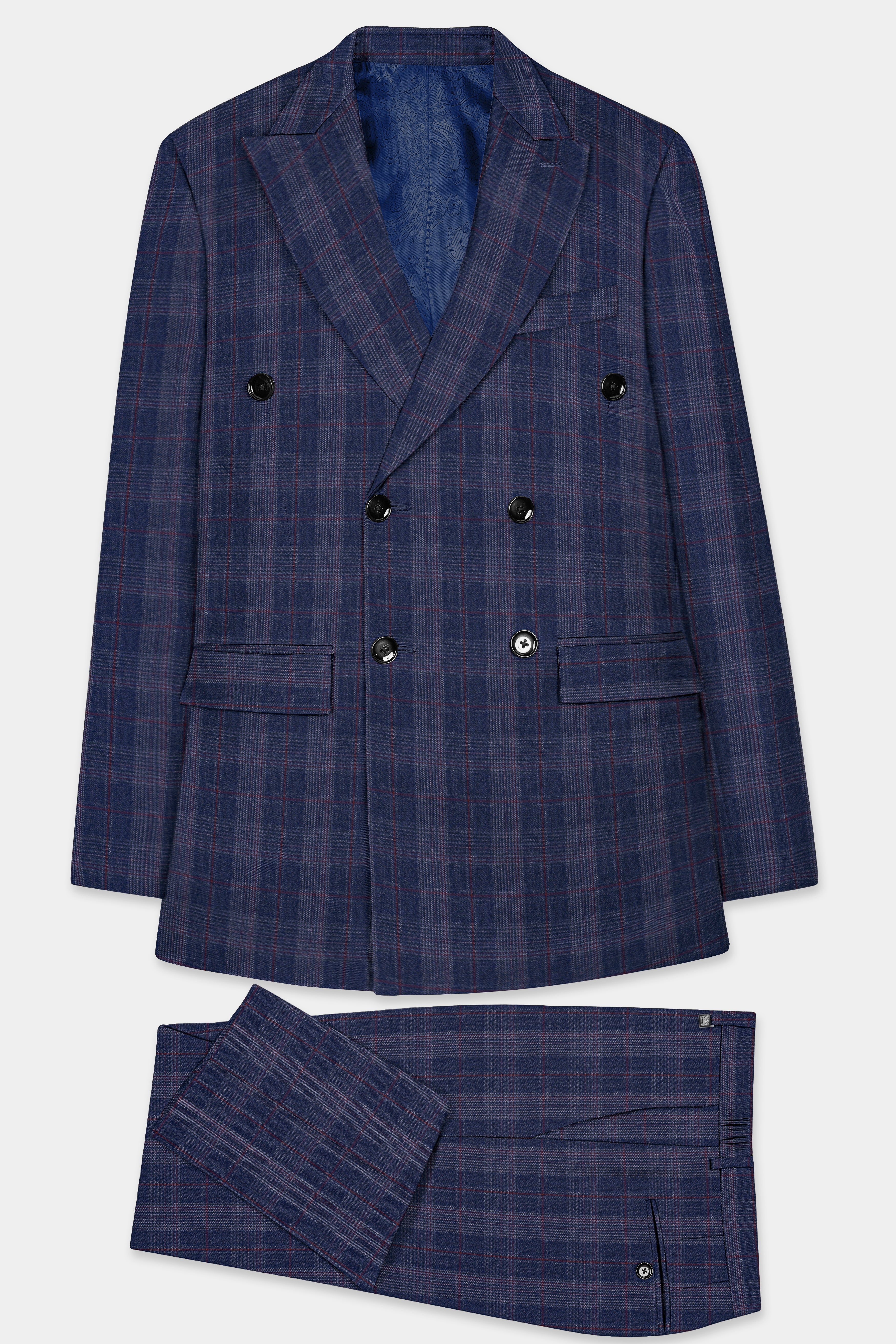 Tuna Blue Checkered Wool Blend Double Breasted Suit