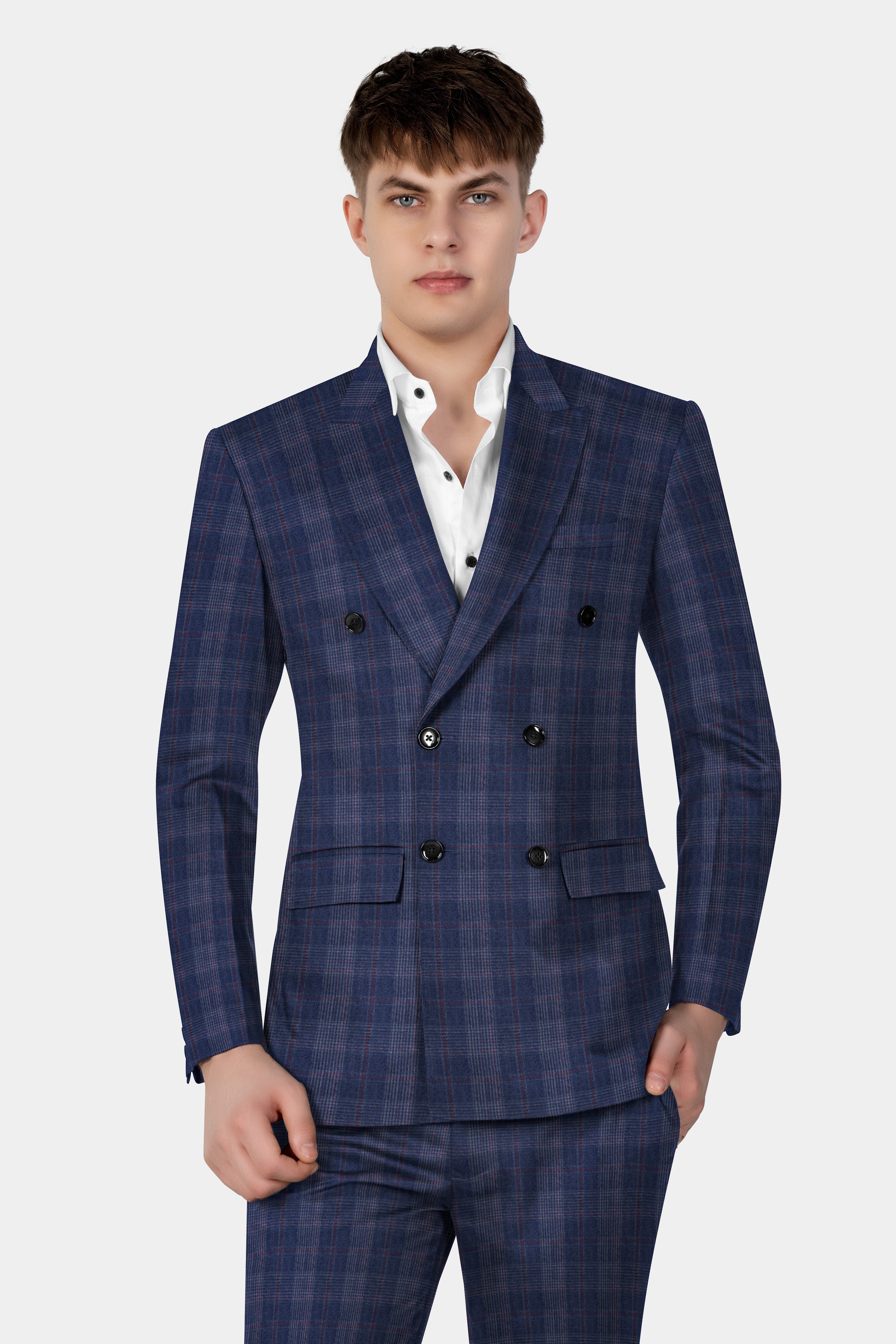 Tuna Blue Checkered Wool Blend Double Breasted Suit