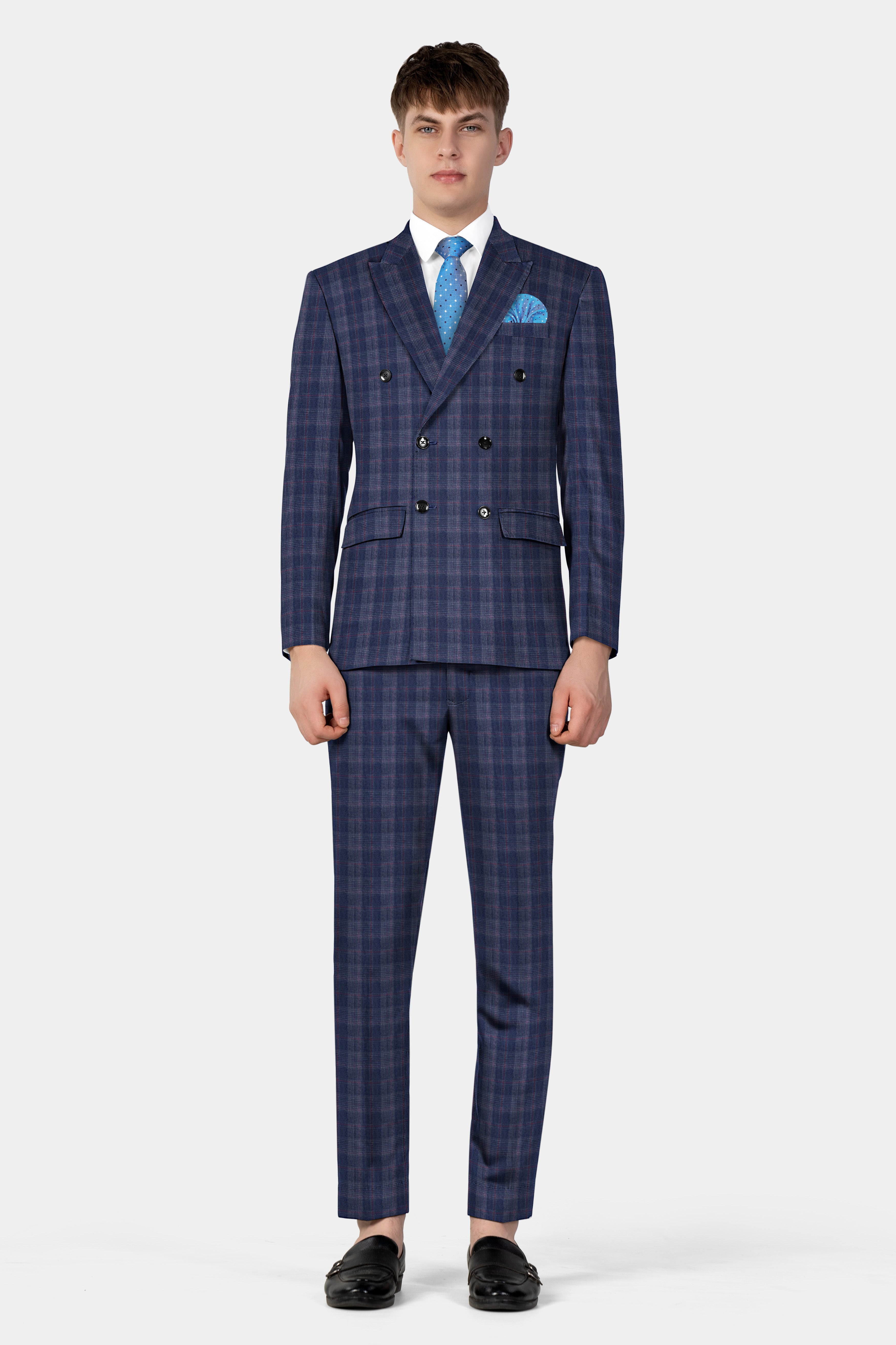 Tuna Blue Checkered Wool Blend Double Breasted Suit