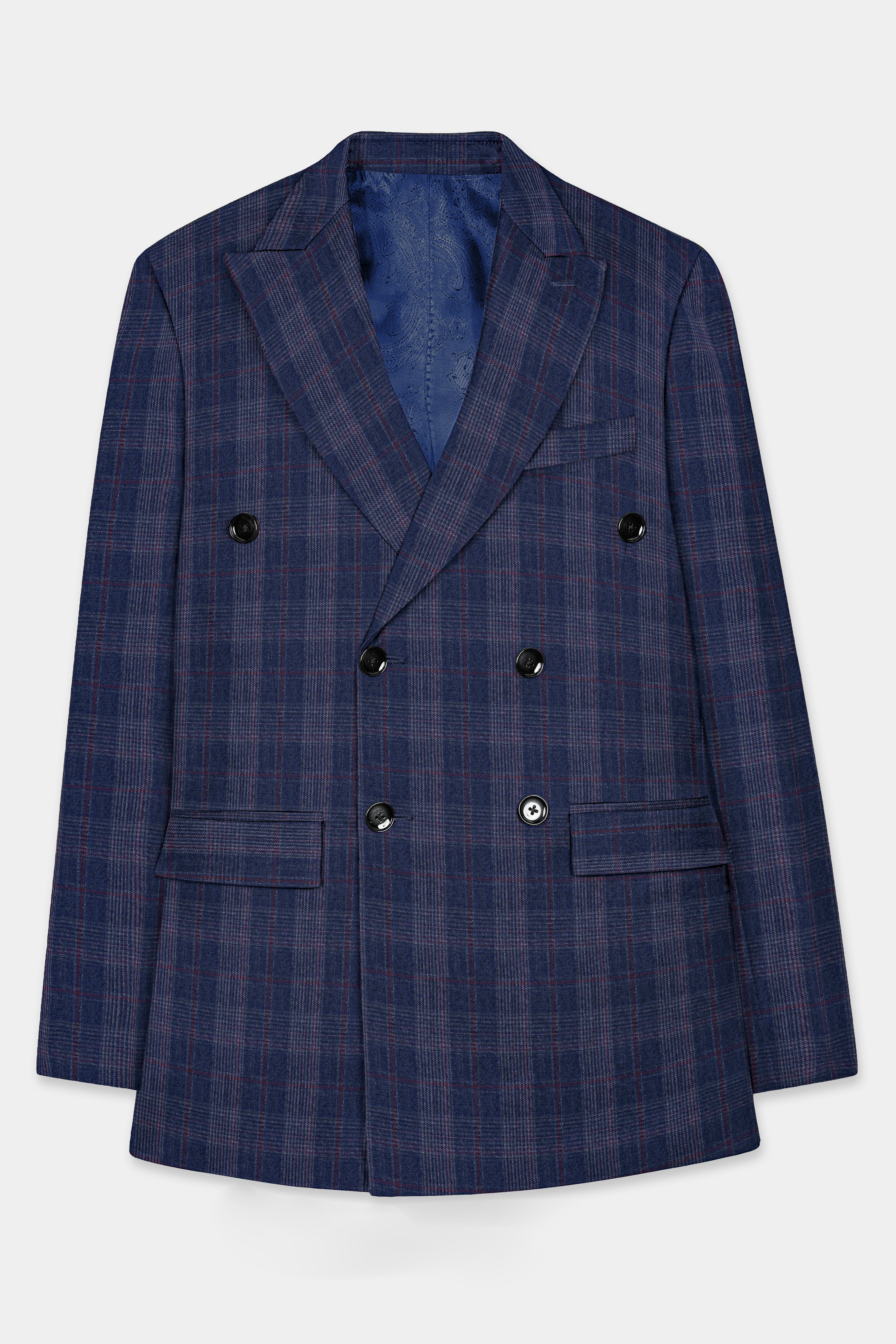 Tuna Blue Checkered Wool Blend Double Breasted Suit
