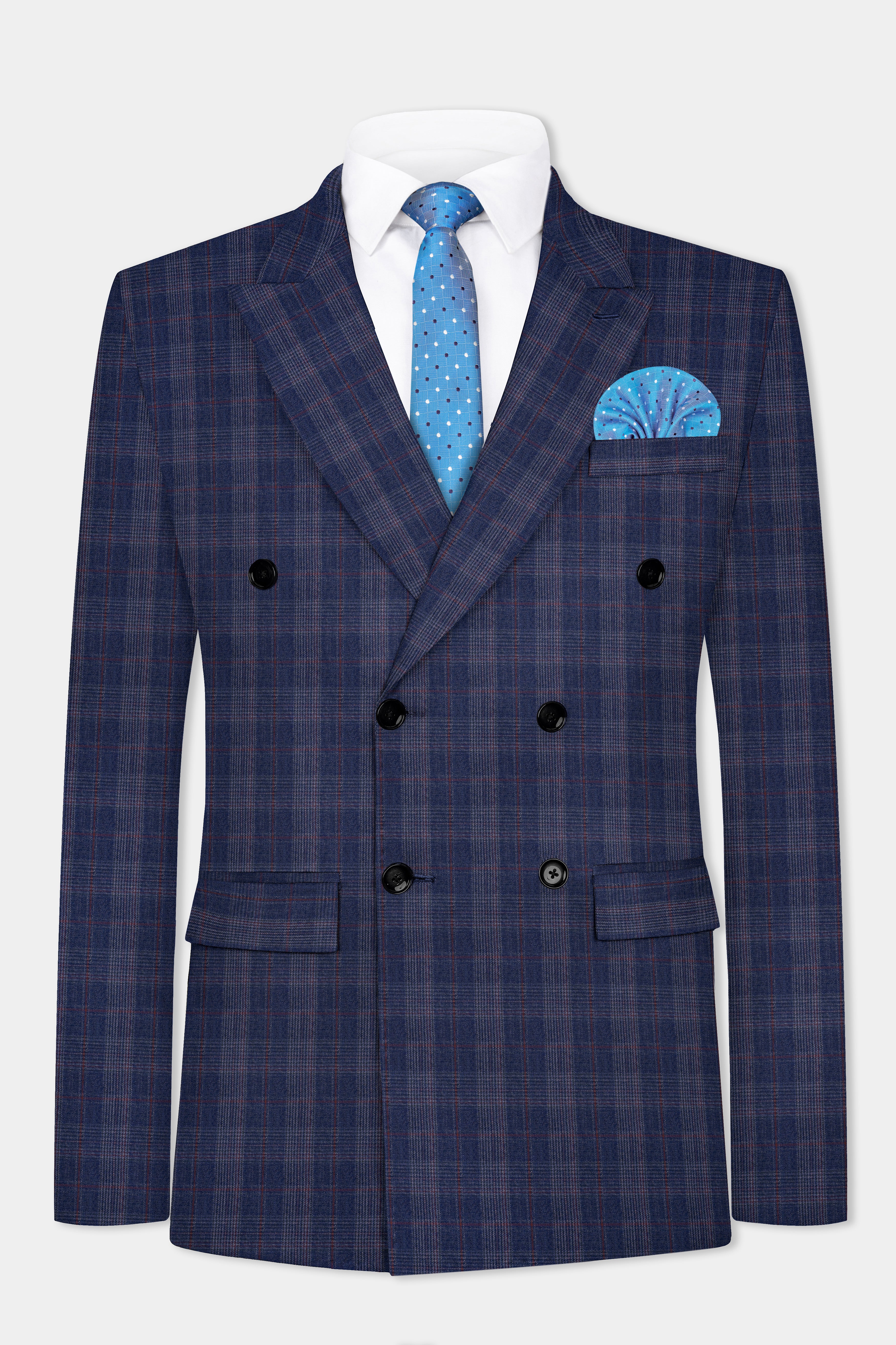 Tuna Blue Checkered Wool Blend Double Breasted Suit