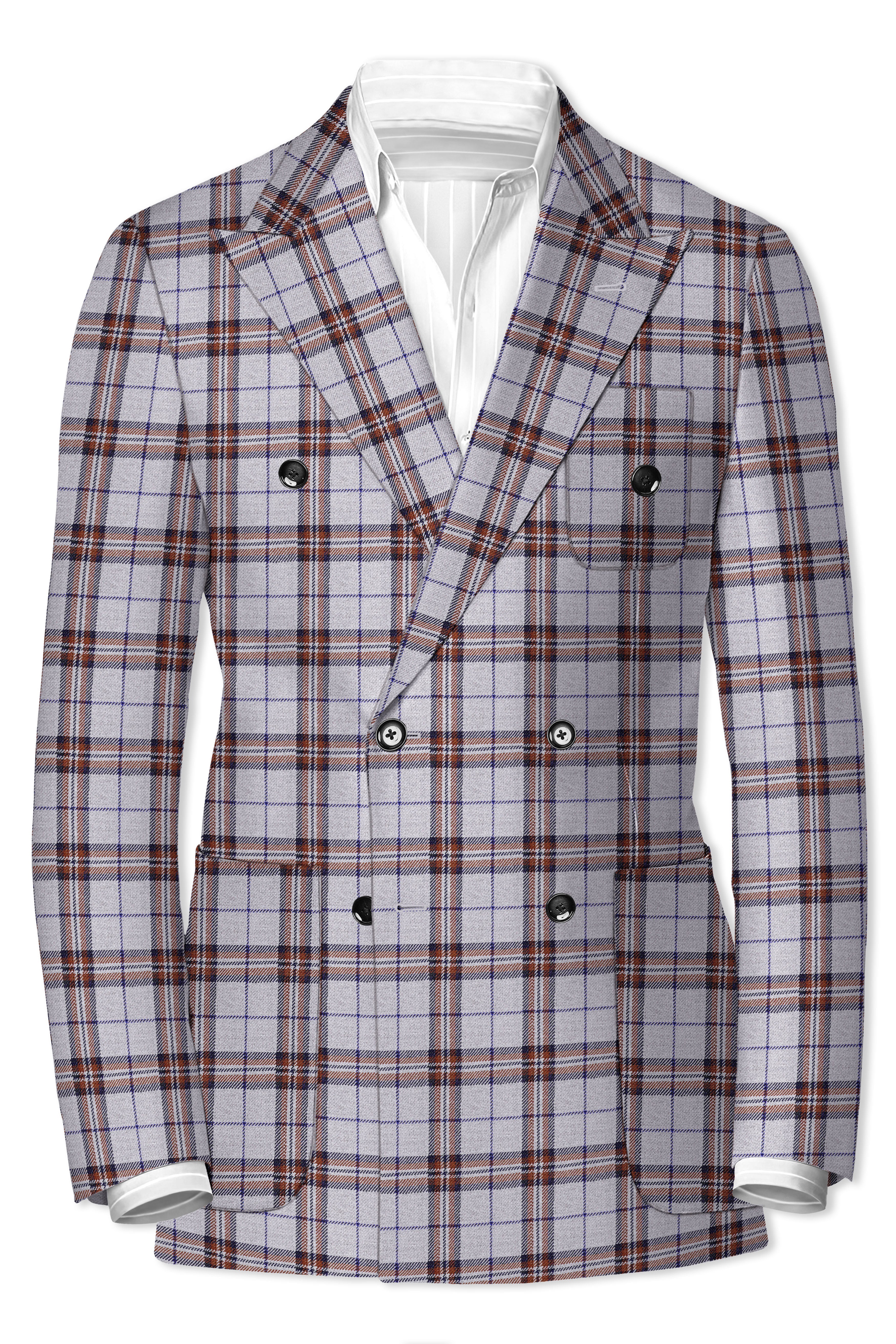 Cadet Grey with Maroon and Blue Plaid Double Breasted Tweed Suit