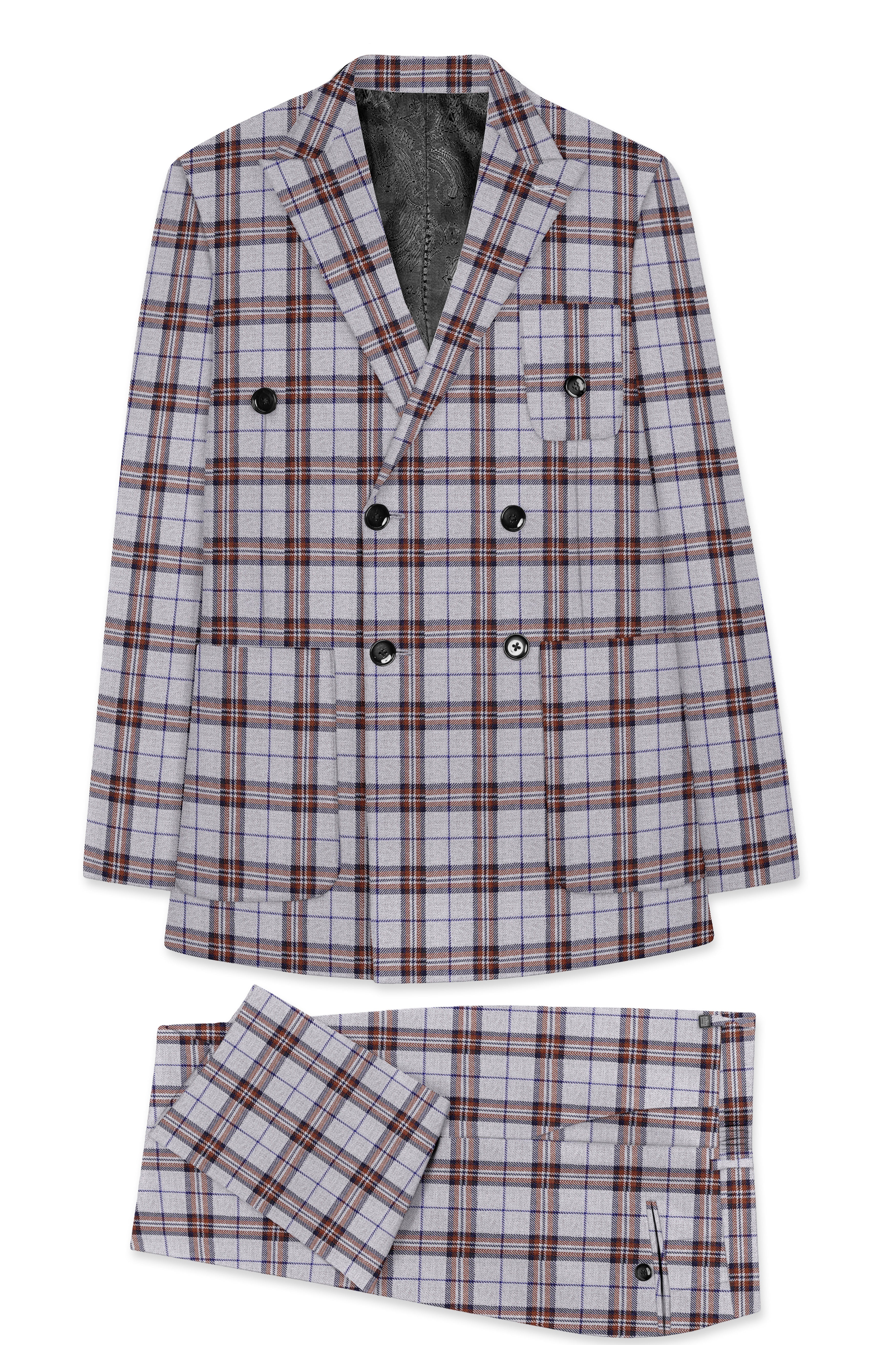 Cadet Grey with Maroon and Blue Plaid Double Breasted Tweed Suit