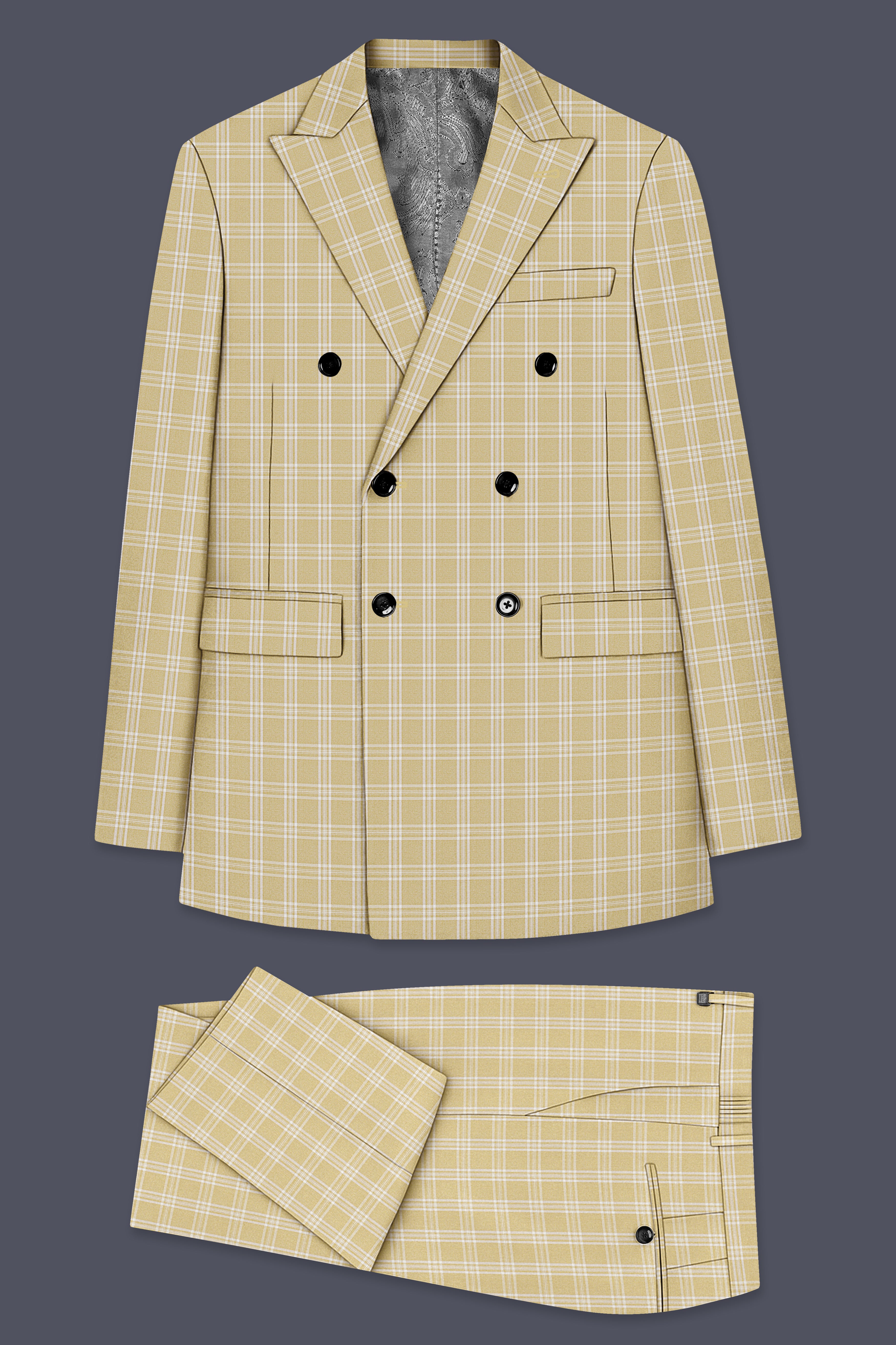 Desert Sand Cream Plaid Wool Blend Double Breasted Suit