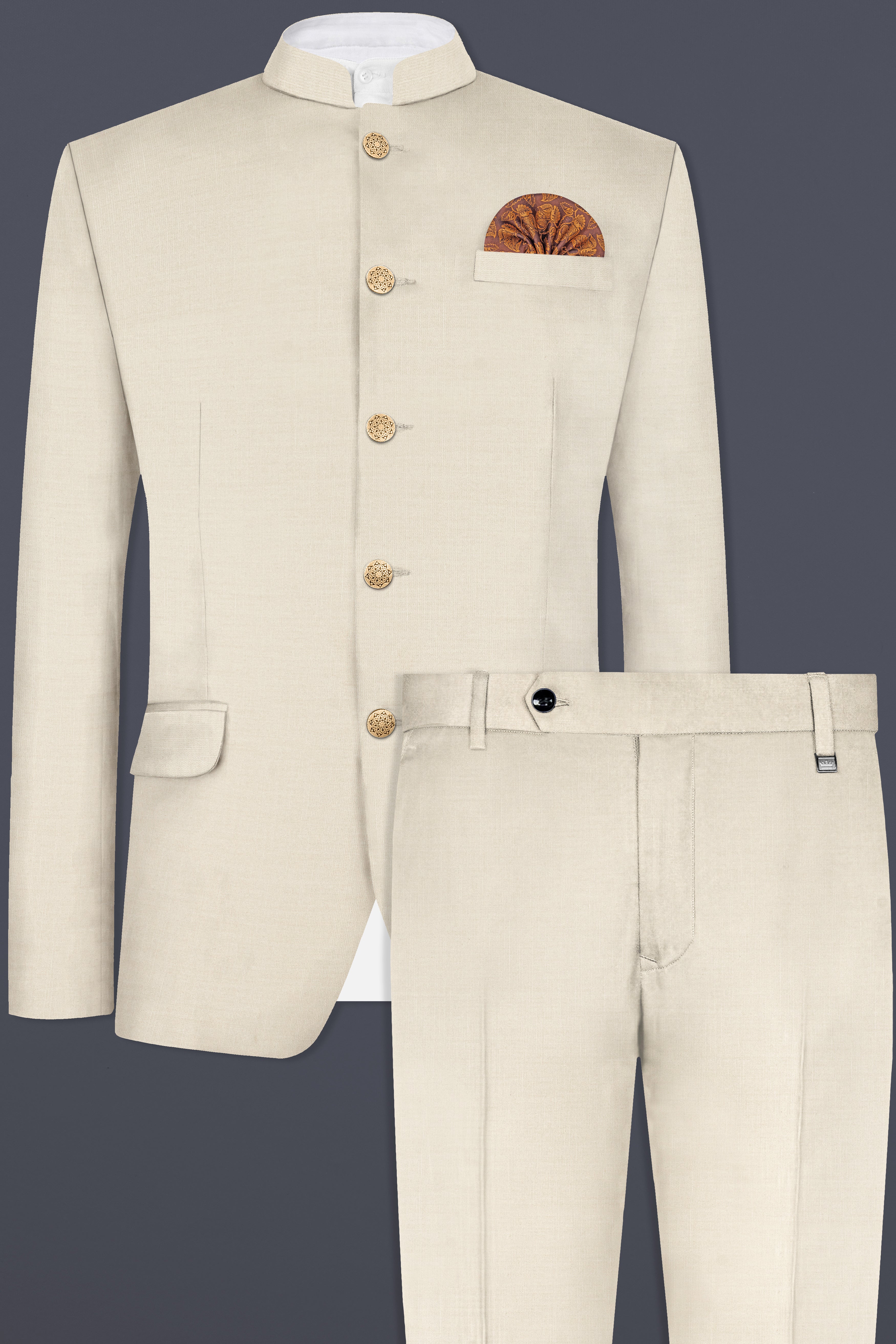 Moon Mist Cream Solid Wool Blend Bandhgala Suit