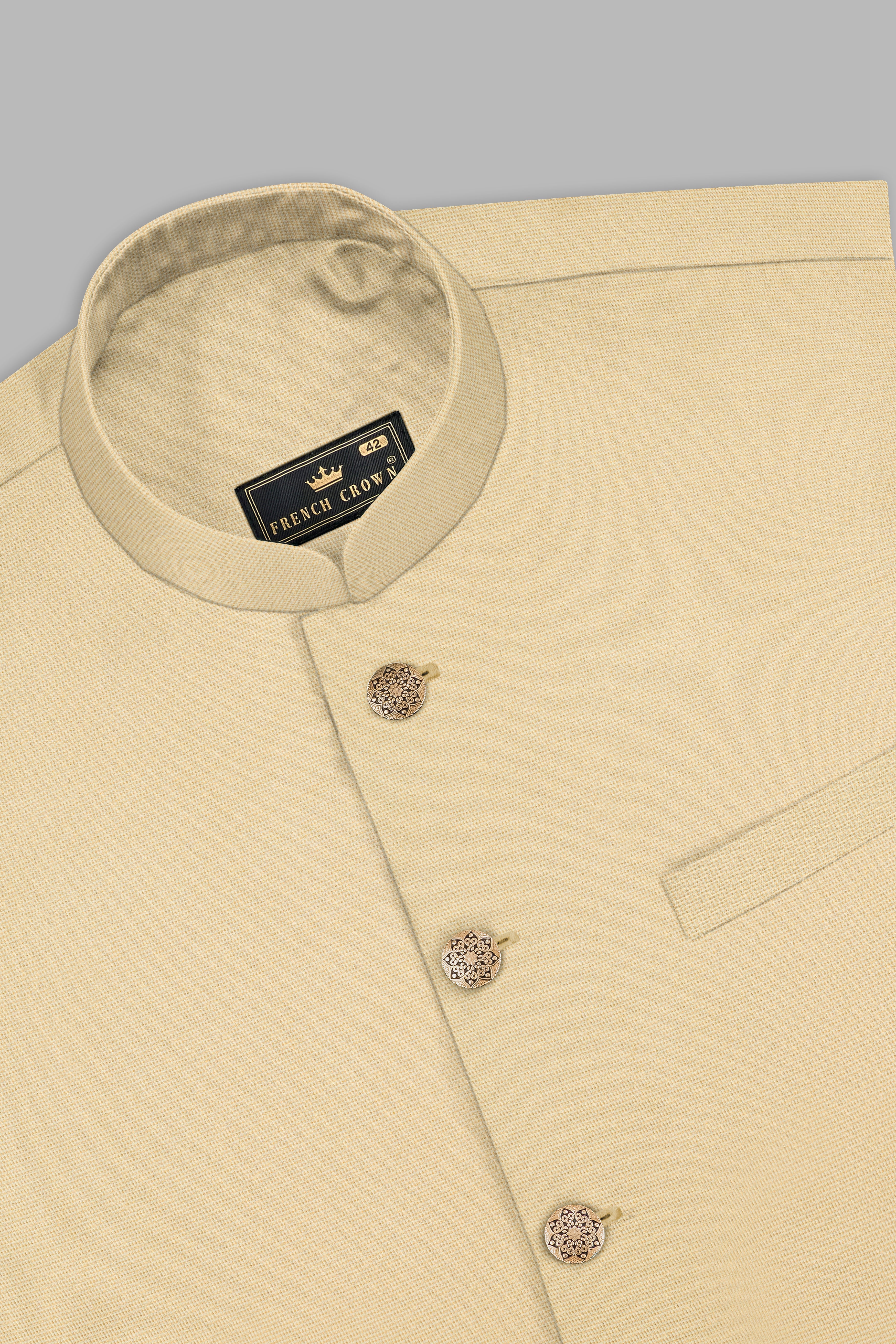 Hampton Cream Houndstooth Textured Wool Rich Bandhgala Suit