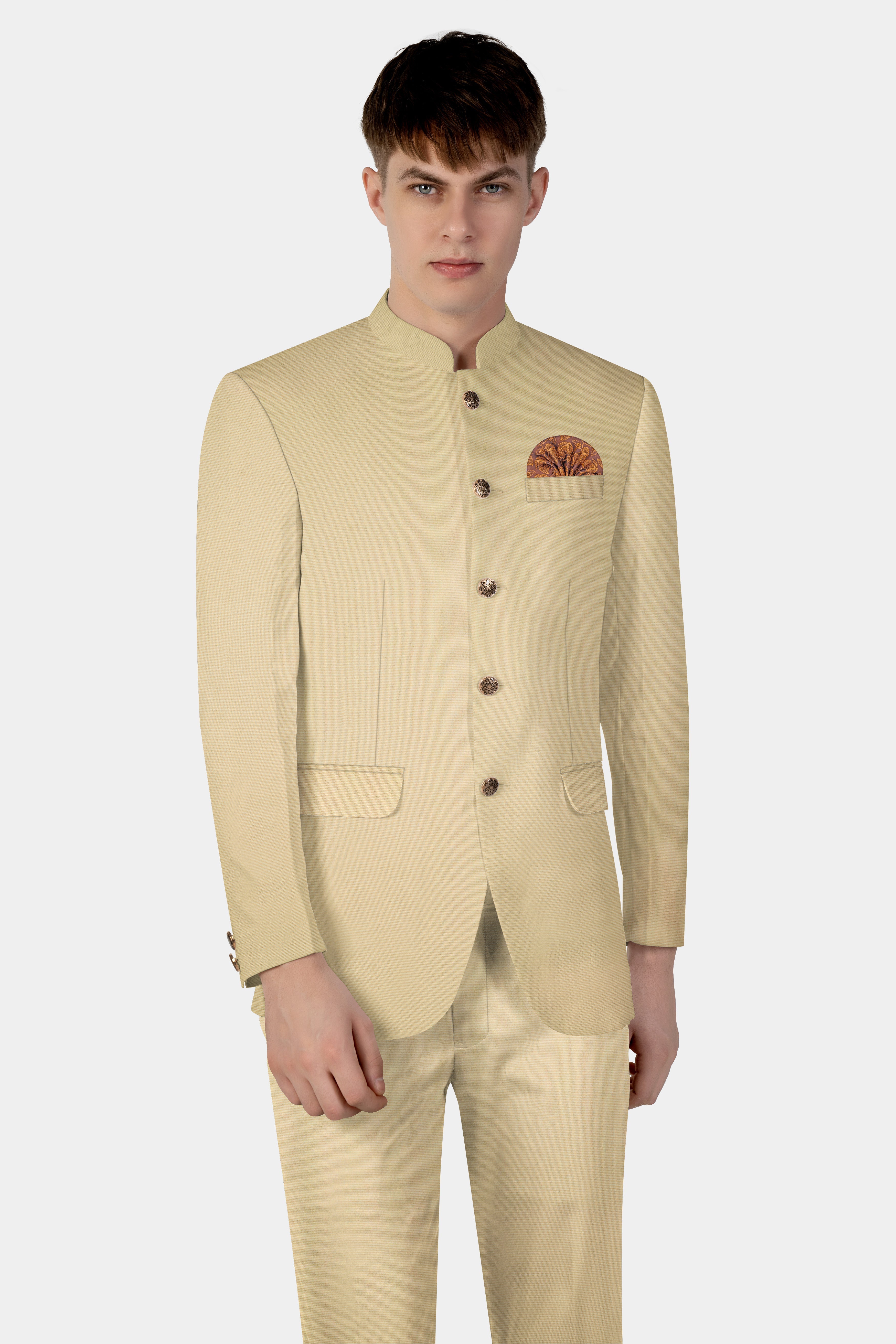 Hampton Cream Houndstooth Textured Wool Rich Bandhgala Suit