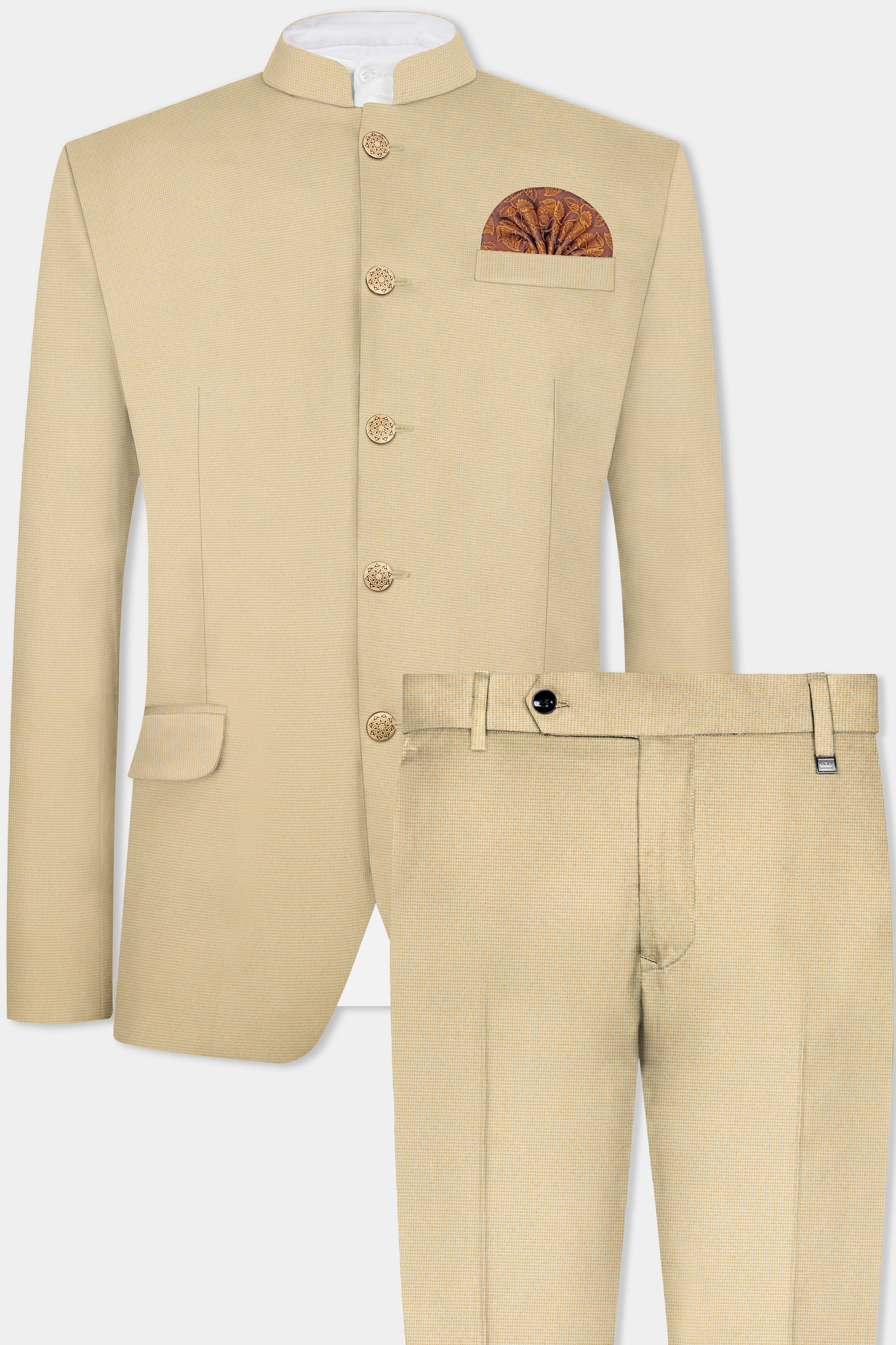 Hampton Cream Houndstooth Textured Wool Rich Bandhgala Suit