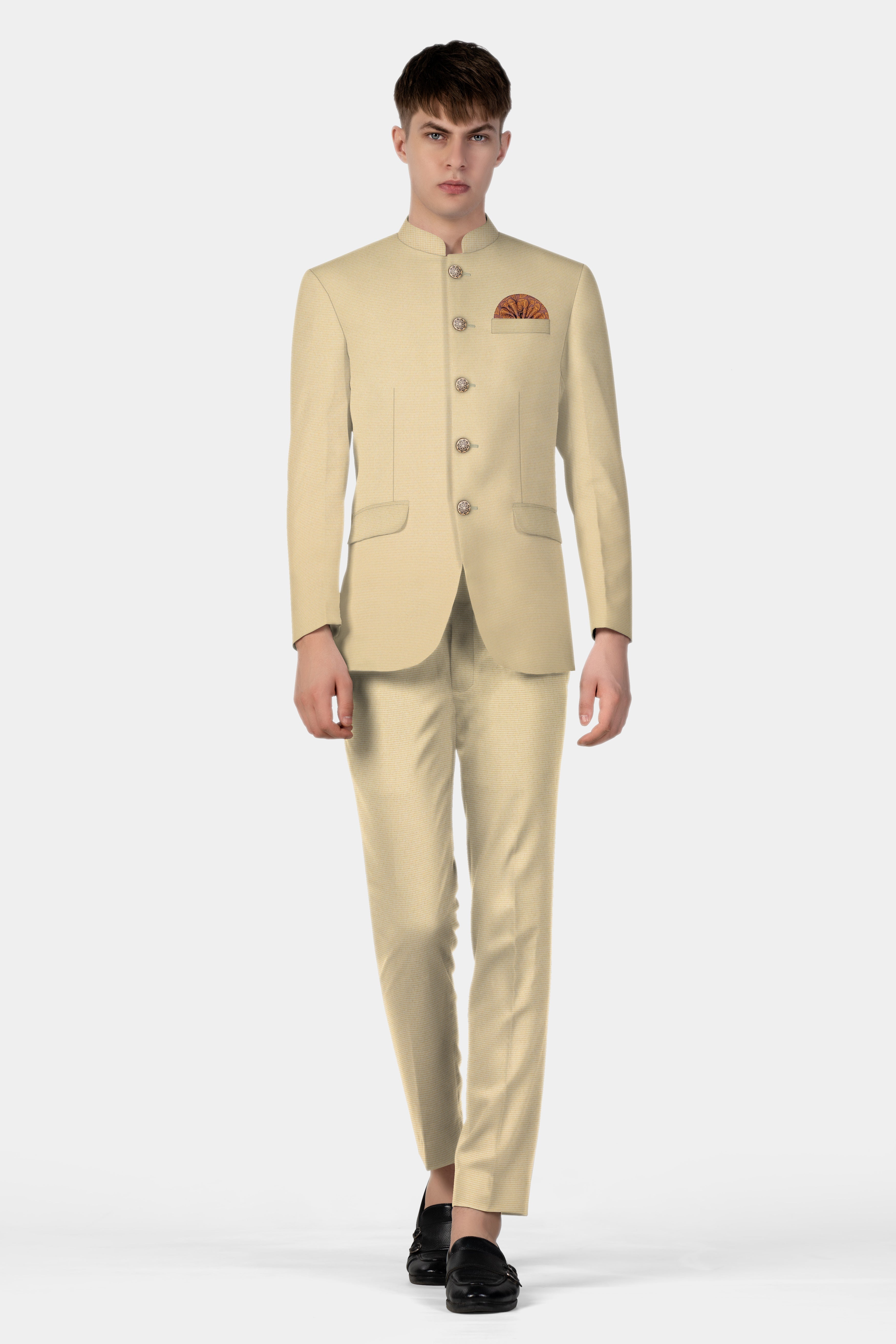 Hampton Cream Houndstooth Textured Wool Rich Bandhgala Suit