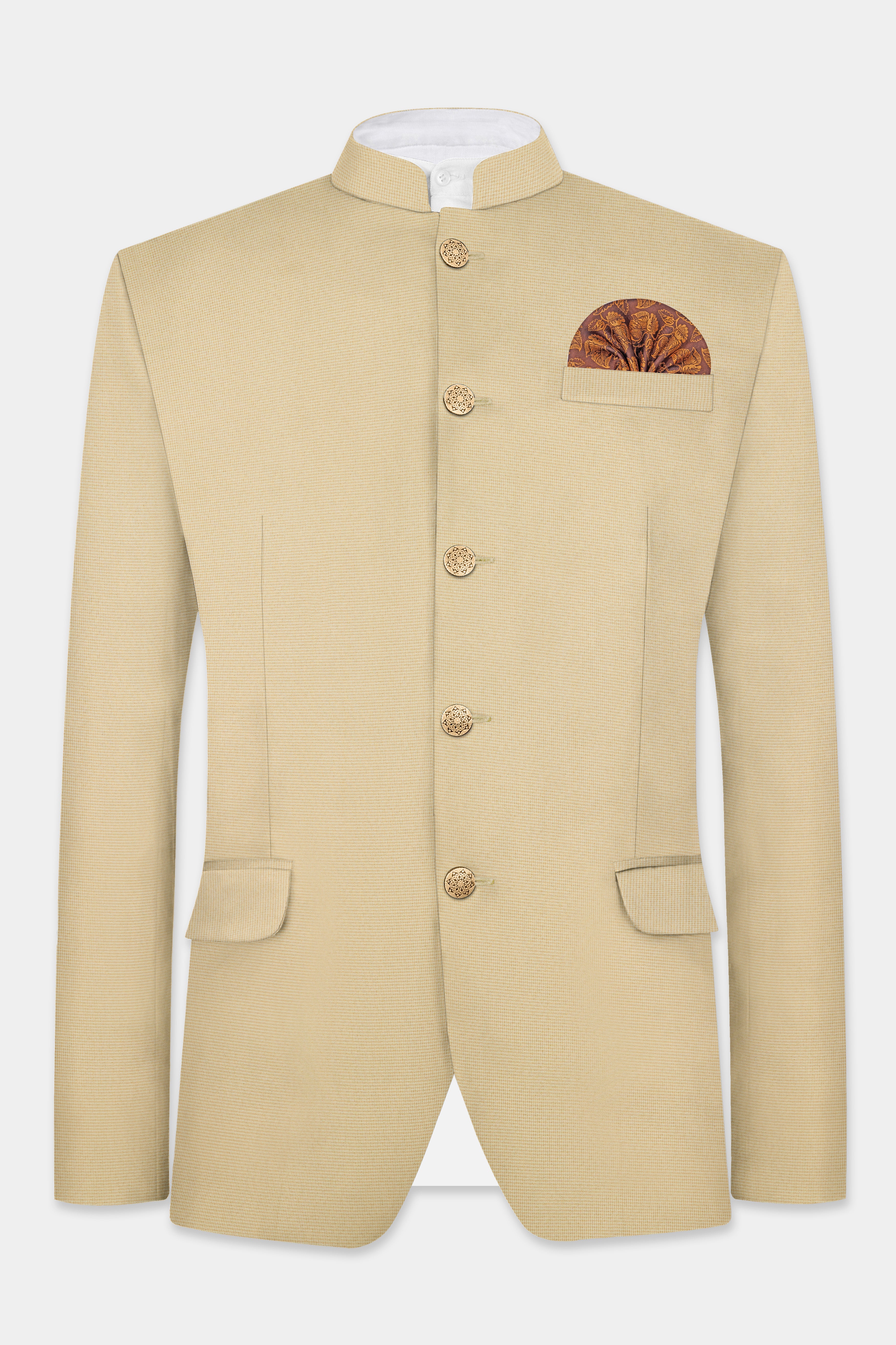 Hampton Cream Houndstooth Textured Wool Rich Bandhgala Suit