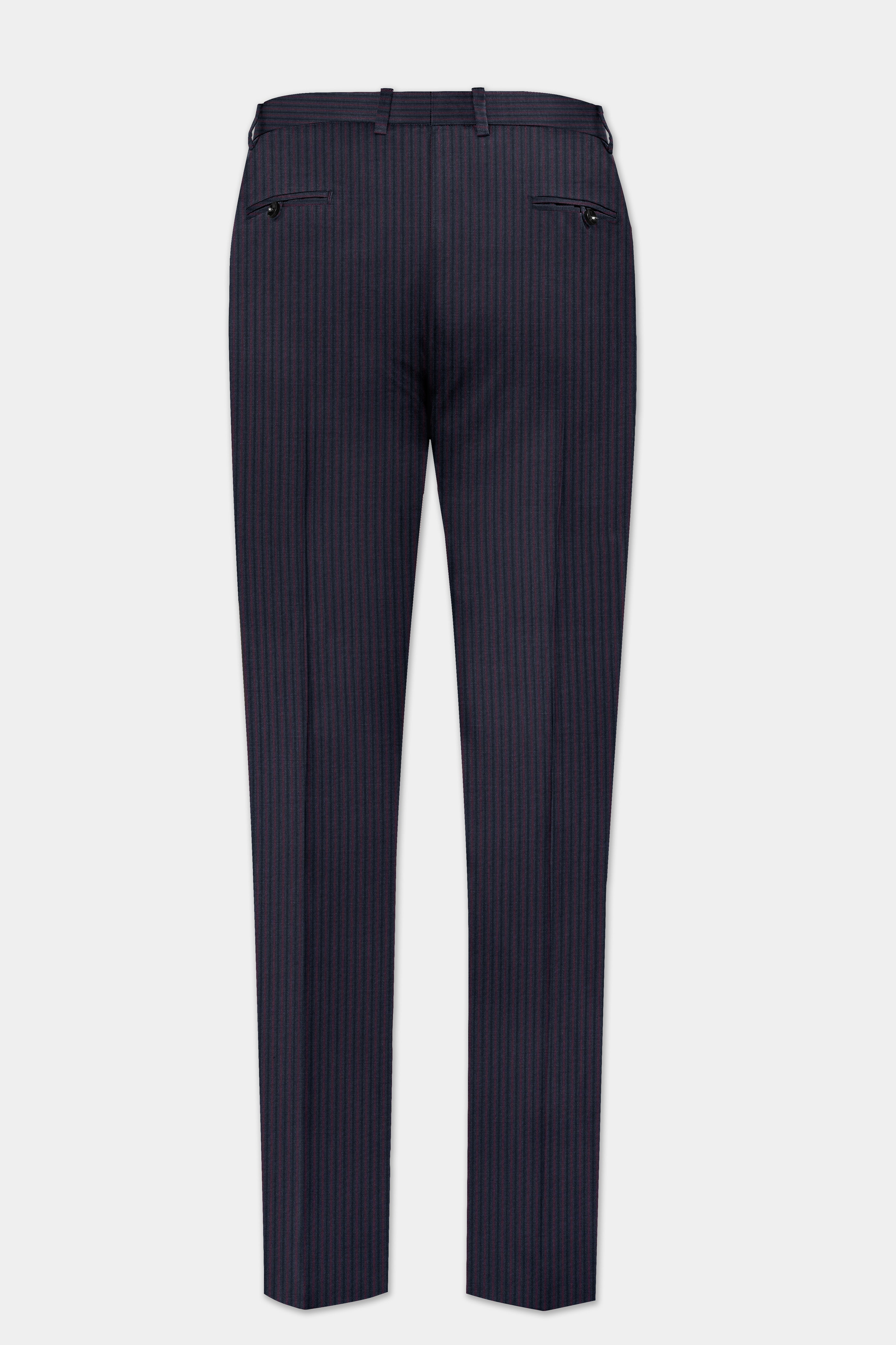 Ebony Clay Blue with Wine Berry Striped Wool Blend Patch Pocket Designer Sport Suit