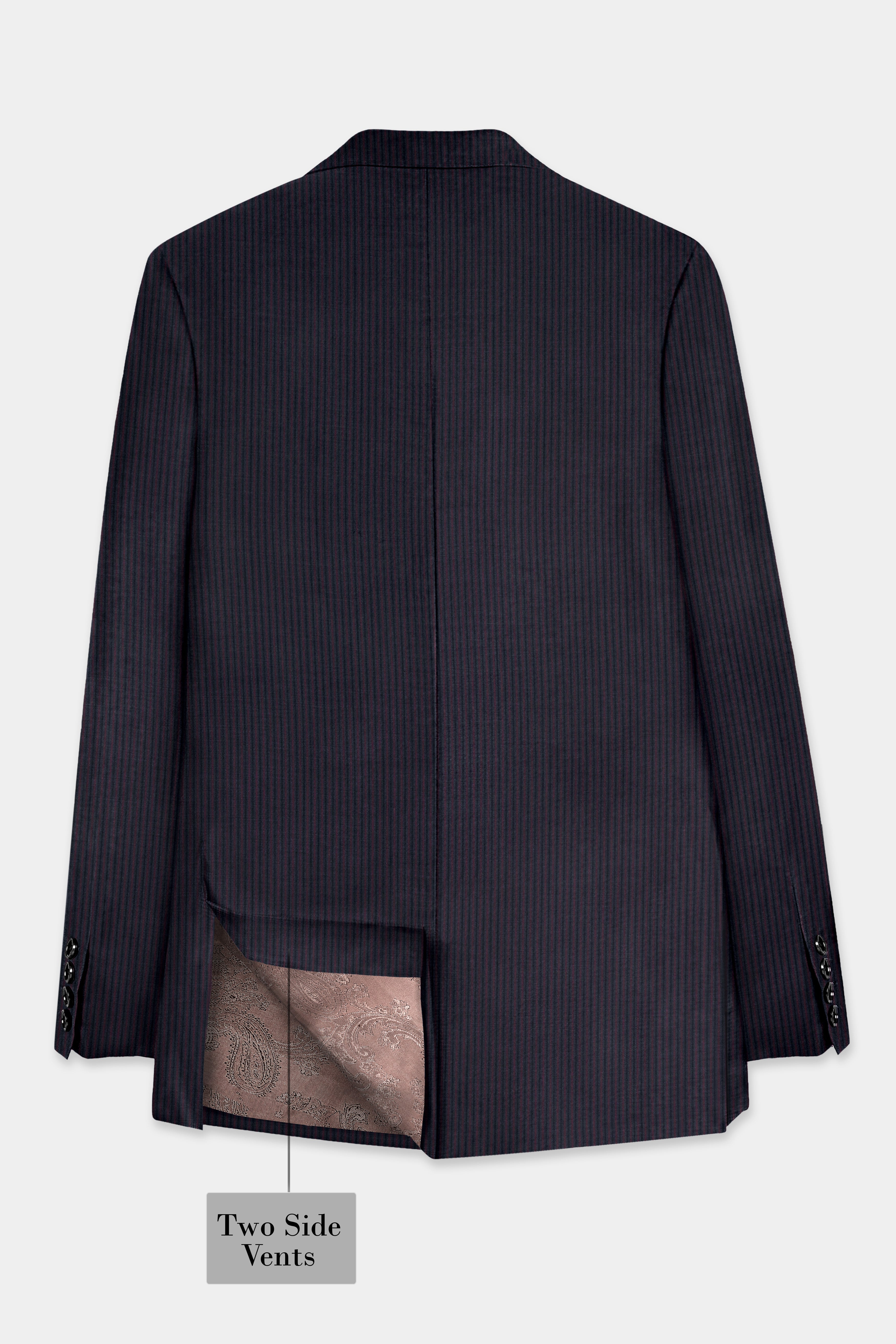 Ebony Clay Blue with Wine Berry Striped Wool Blend Patch Pocket Designer Sport Suit