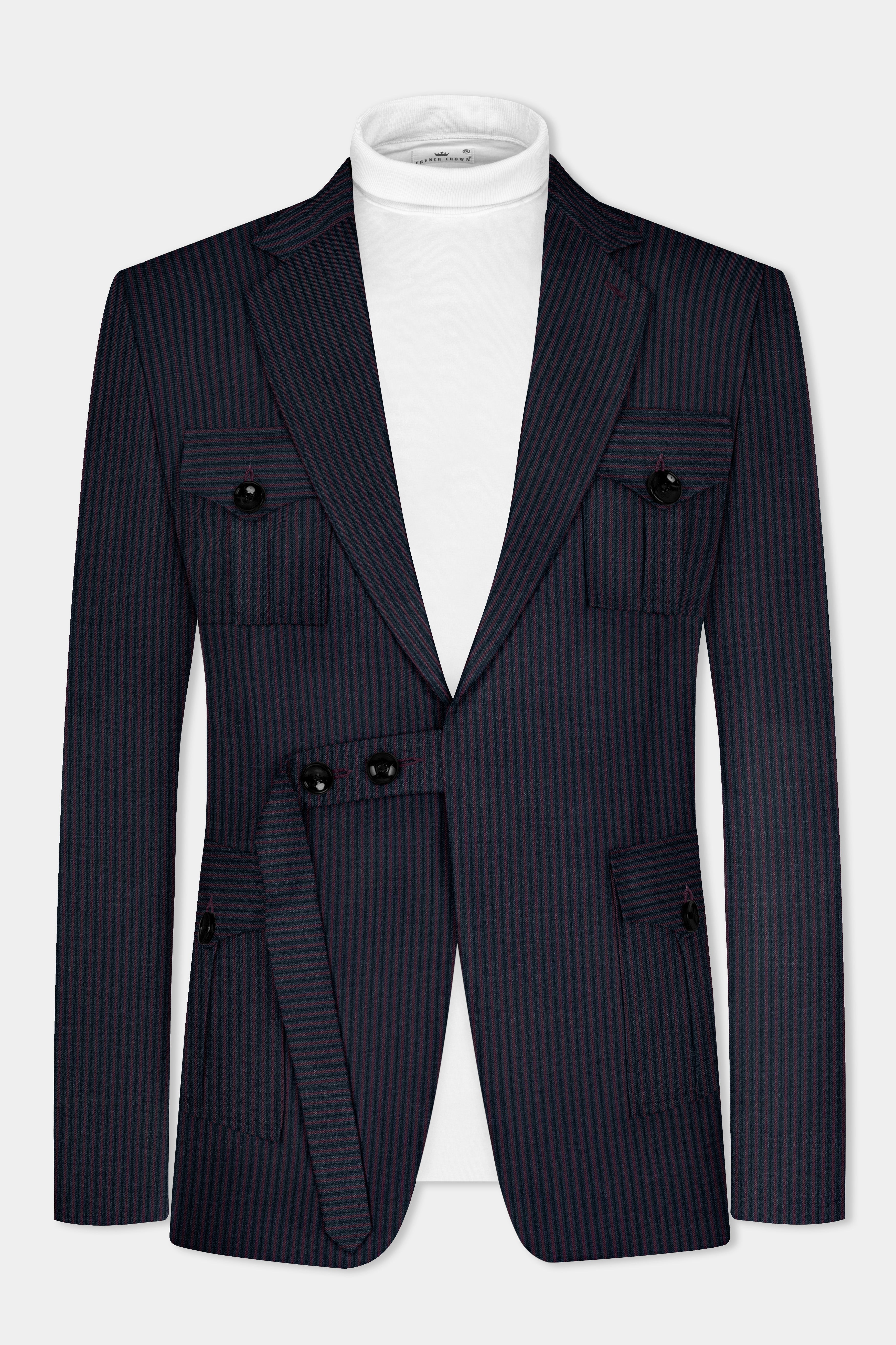 Ebony Clay Blue with Wine Berry Striped Wool Blend Patch Pocket Designer Sport Suit