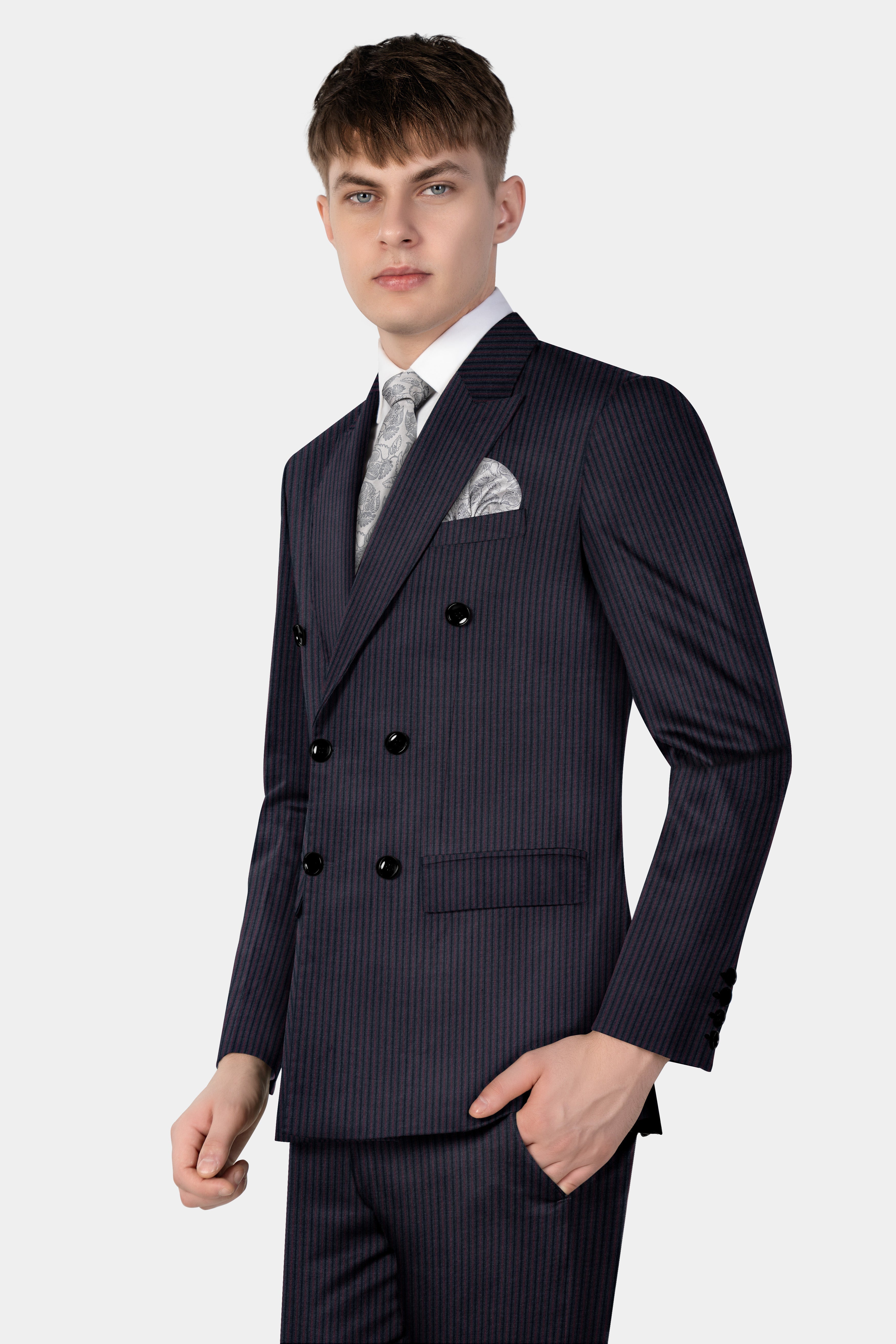 Ebony Clay Blue with Wine Berry Striped Wool Blend Double Breasted Suit