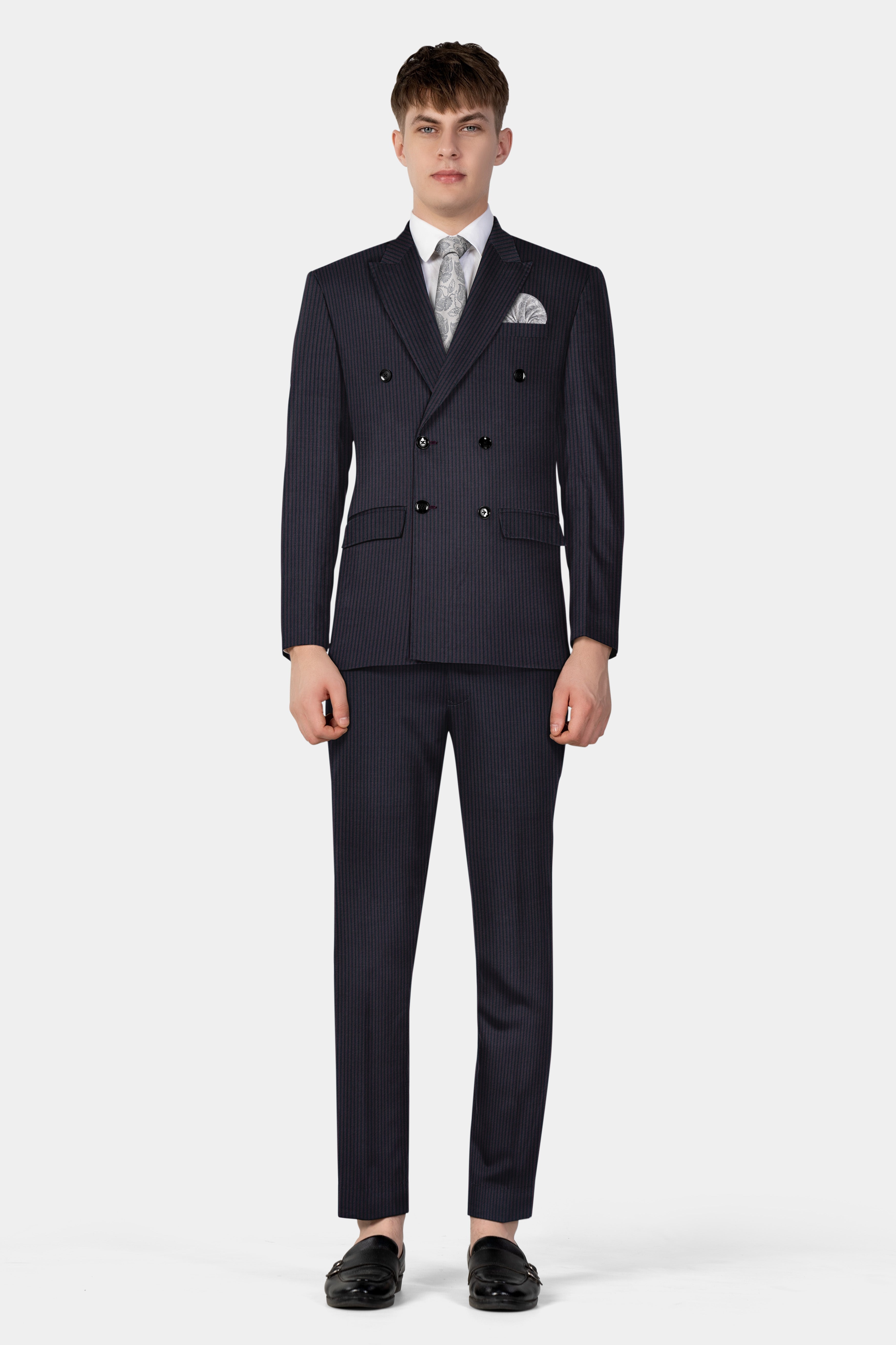 Ebony Clay Blue with Wine Berry Striped Wool Blend Double Breasted Suit