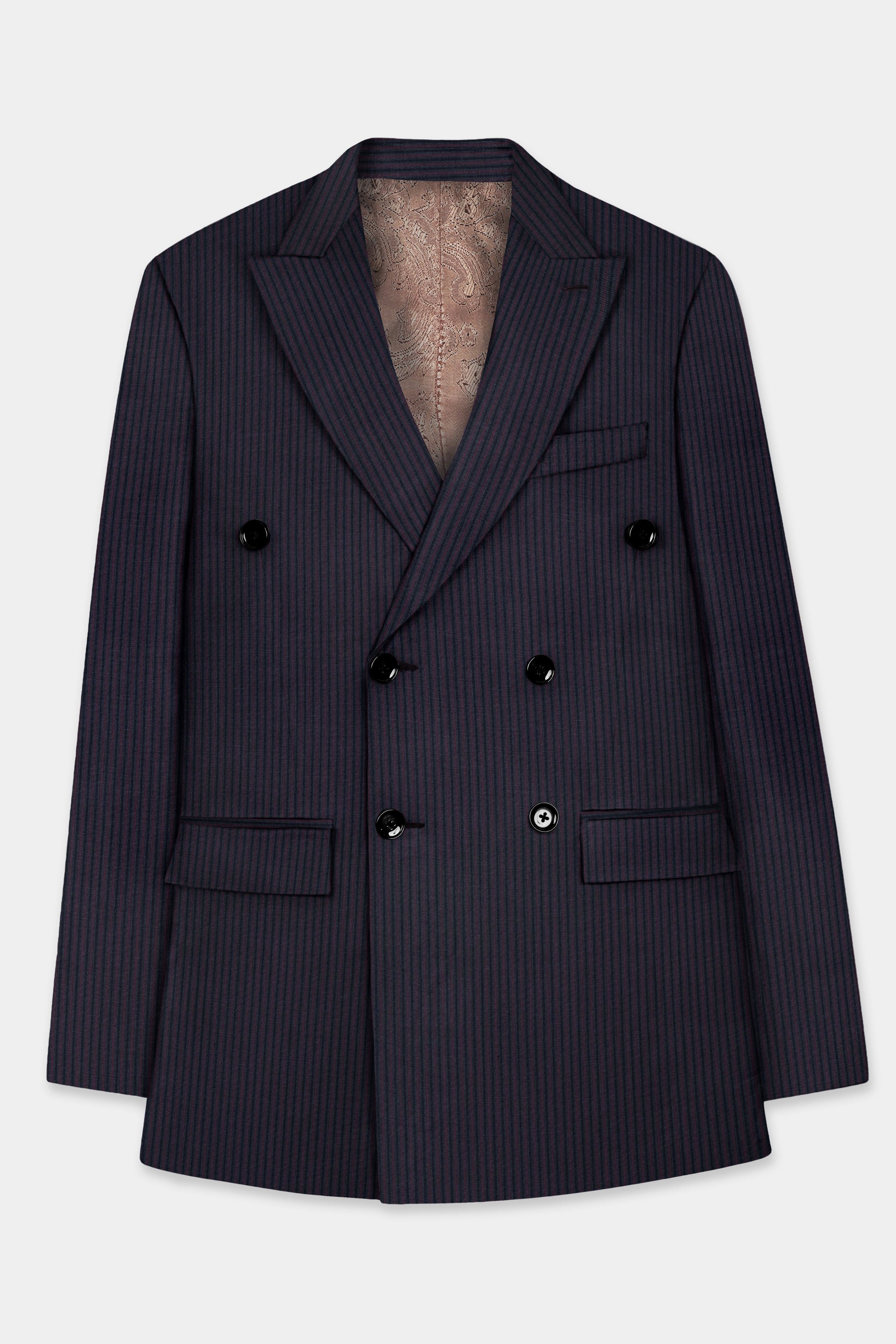 Ebony Clay Blue with Wine Berry Striped Wool Blend Double Breasted Suit
