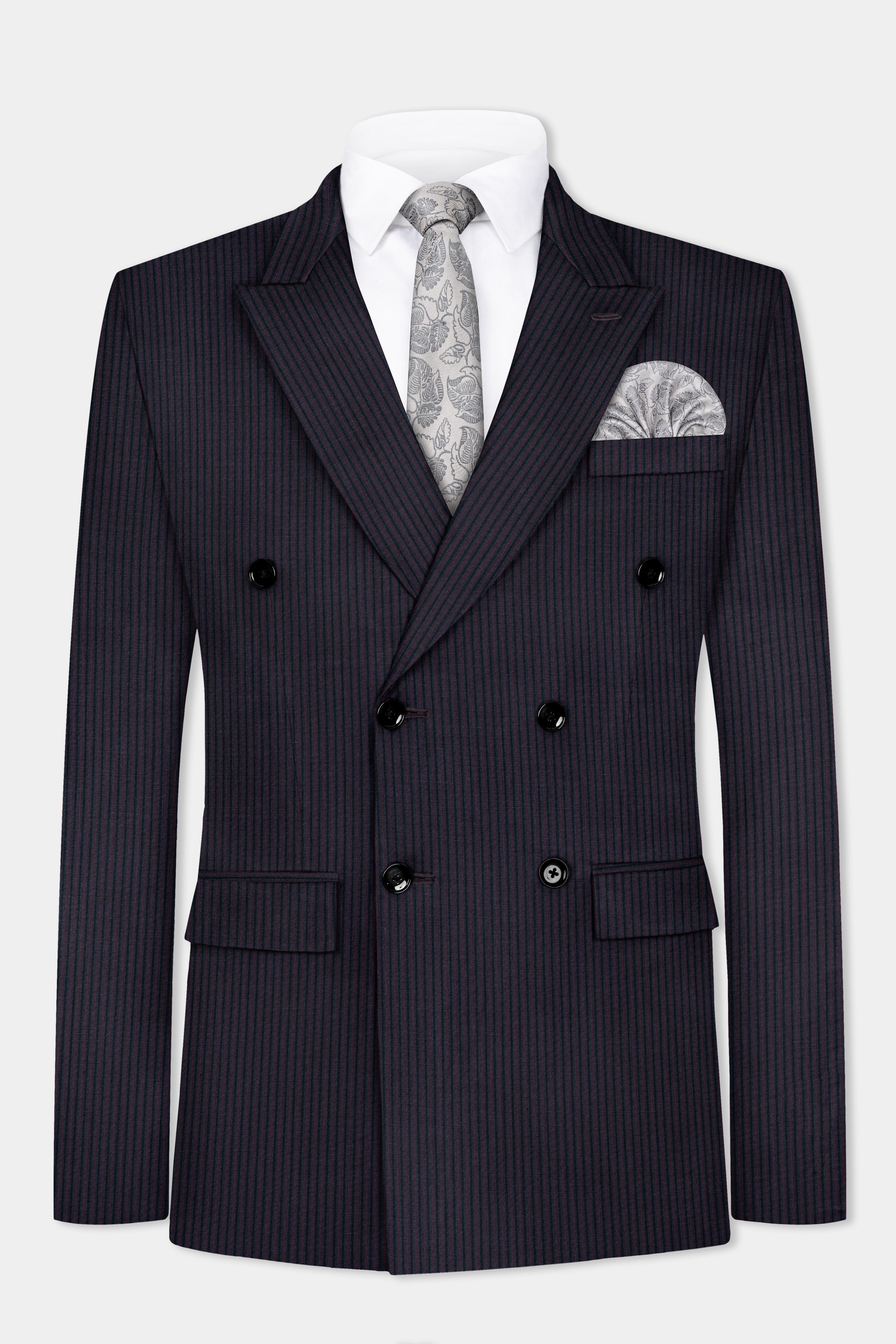 Ebony Clay Blue with Wine Berry Striped Wool Blend Double Breasted Suit