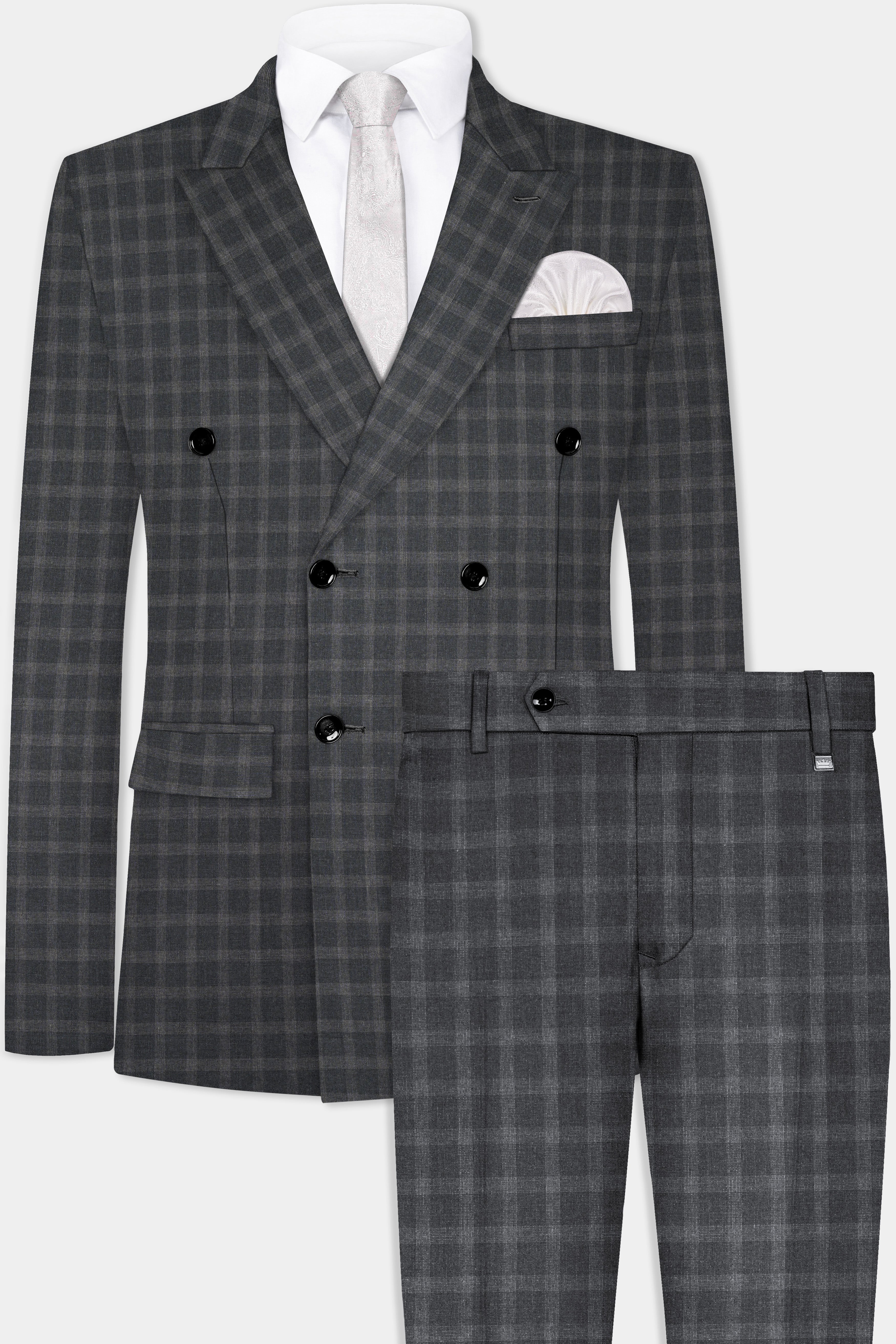 Gravel Gray Checkered Wool Blend Double Breasted Suit