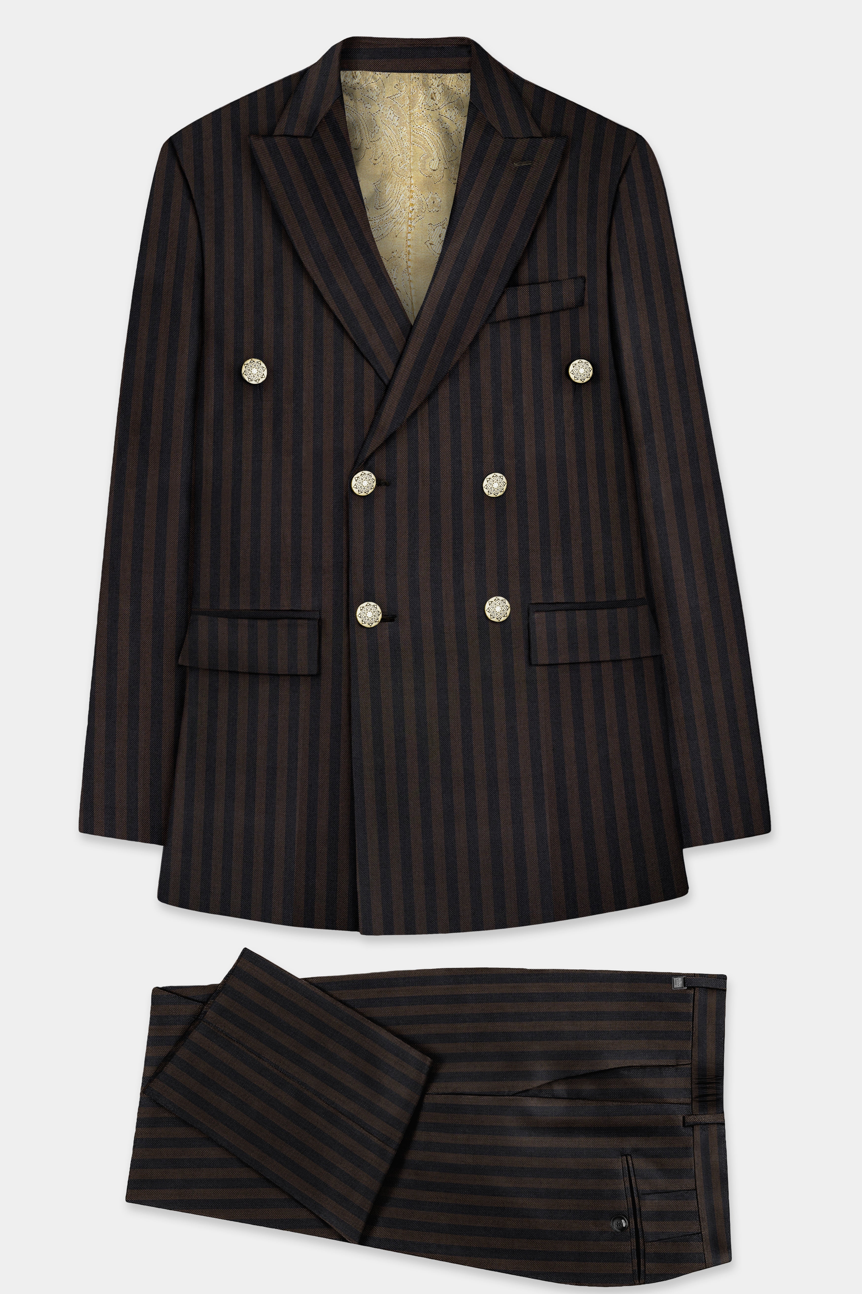 Eternity Brown With Vulcan Black Striped Wool Blend Double Breasted Suit