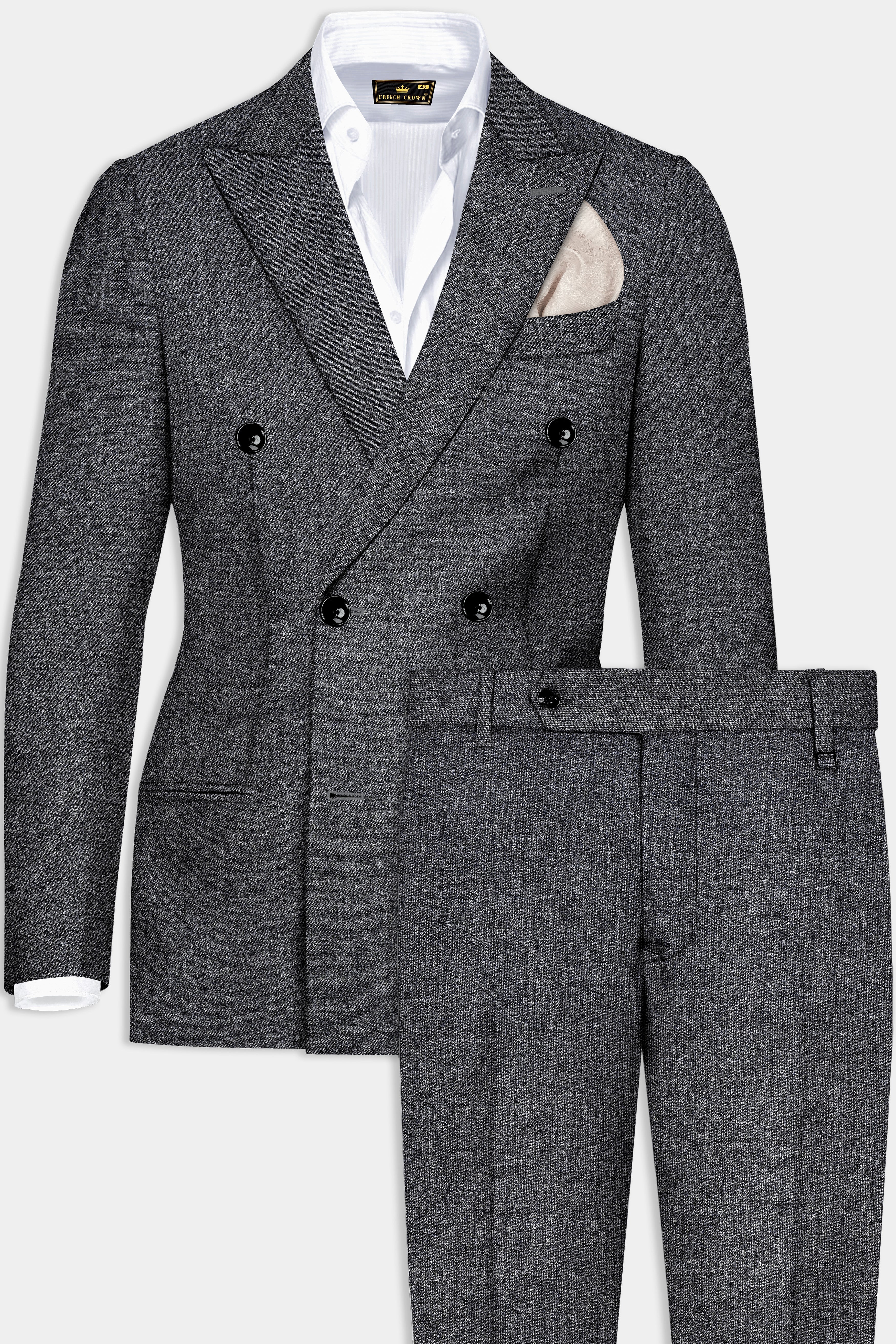 Vampire Gray Textured Wool Blend Flannel Double Breasted Slight Stretch Suit