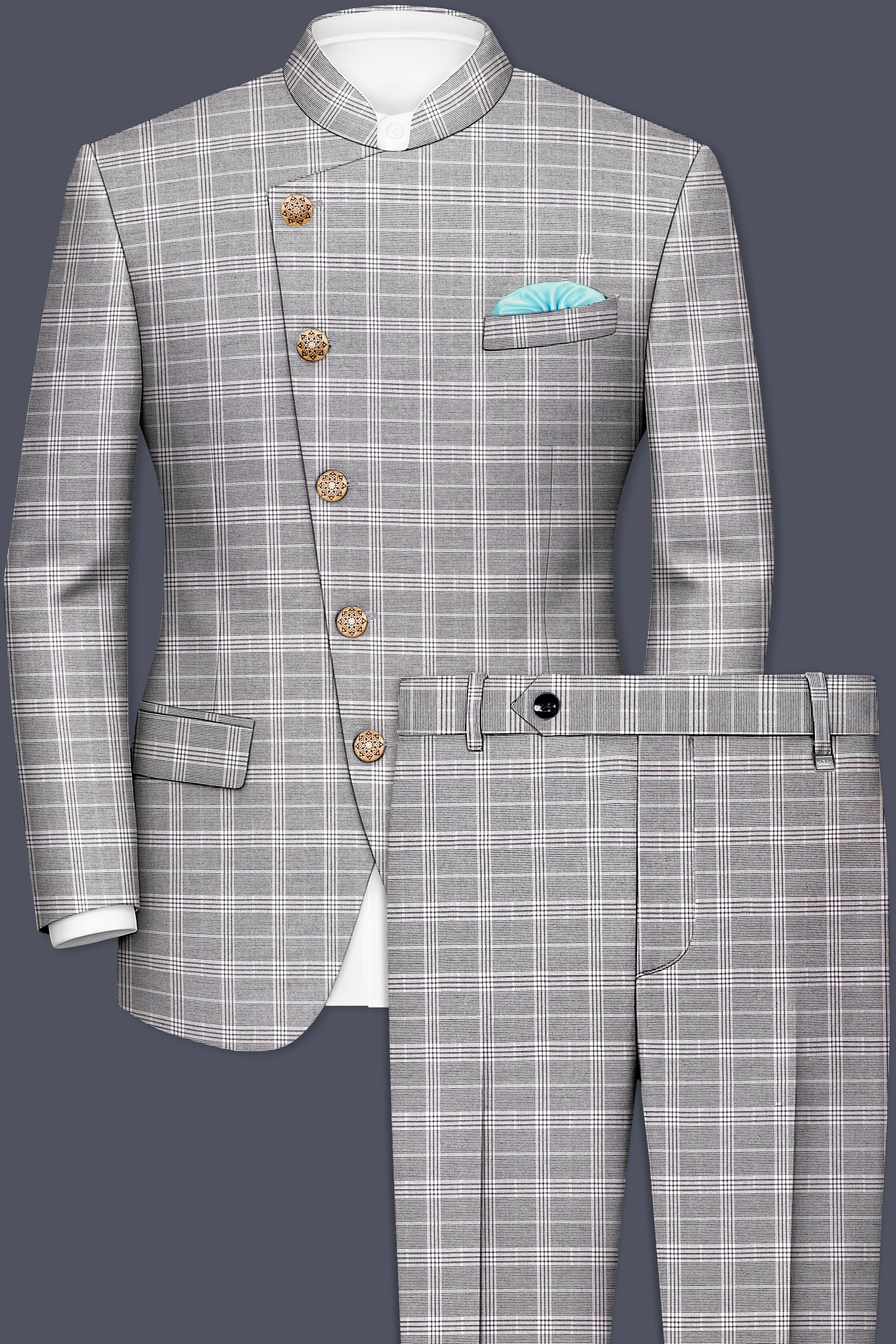Venus Gray Plaid Wool Rich Cross Placket Bandhgala Suit