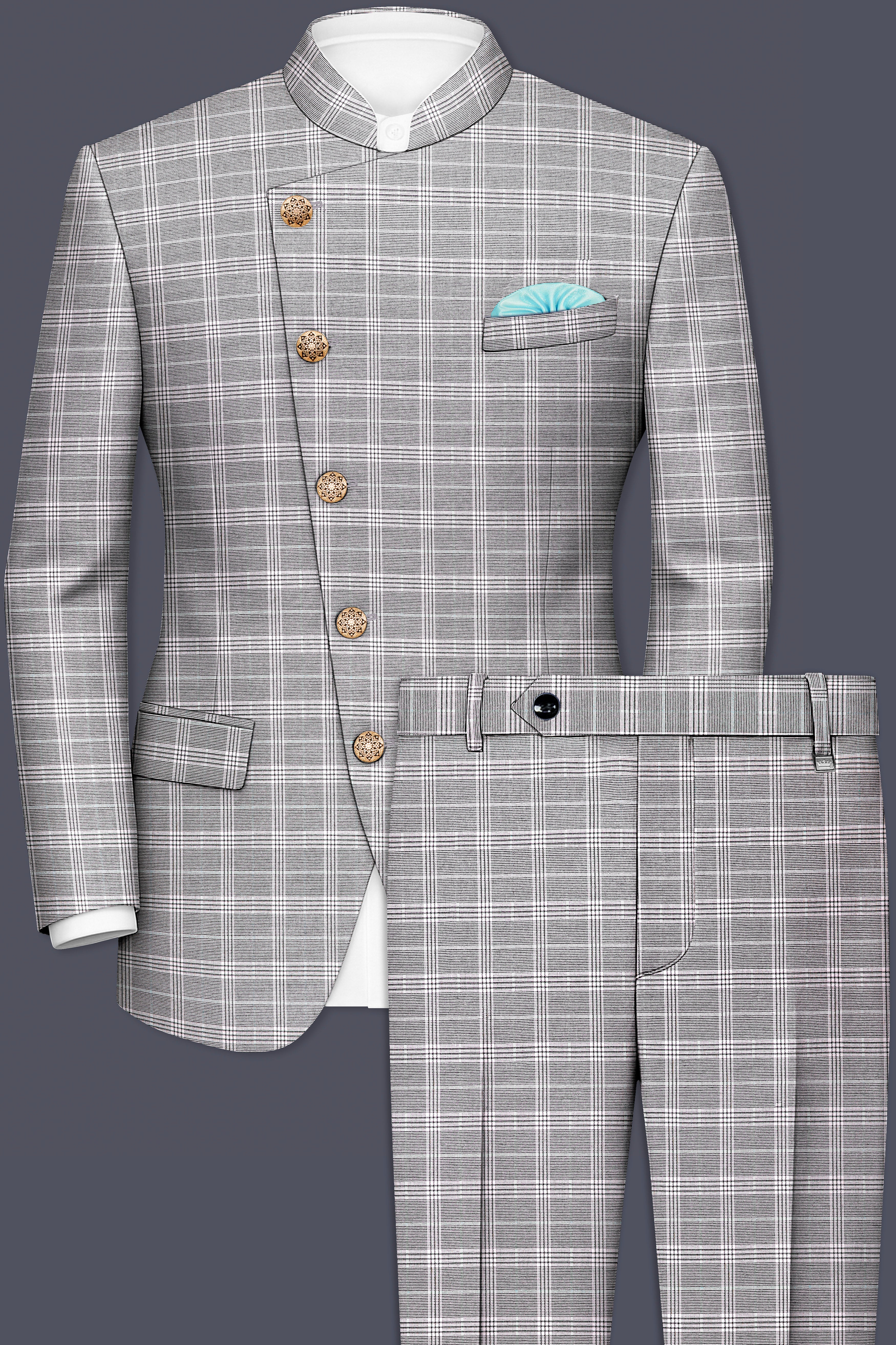 Venus Gray Plaid Wool Rich Cross Placket Bandhgala Suit