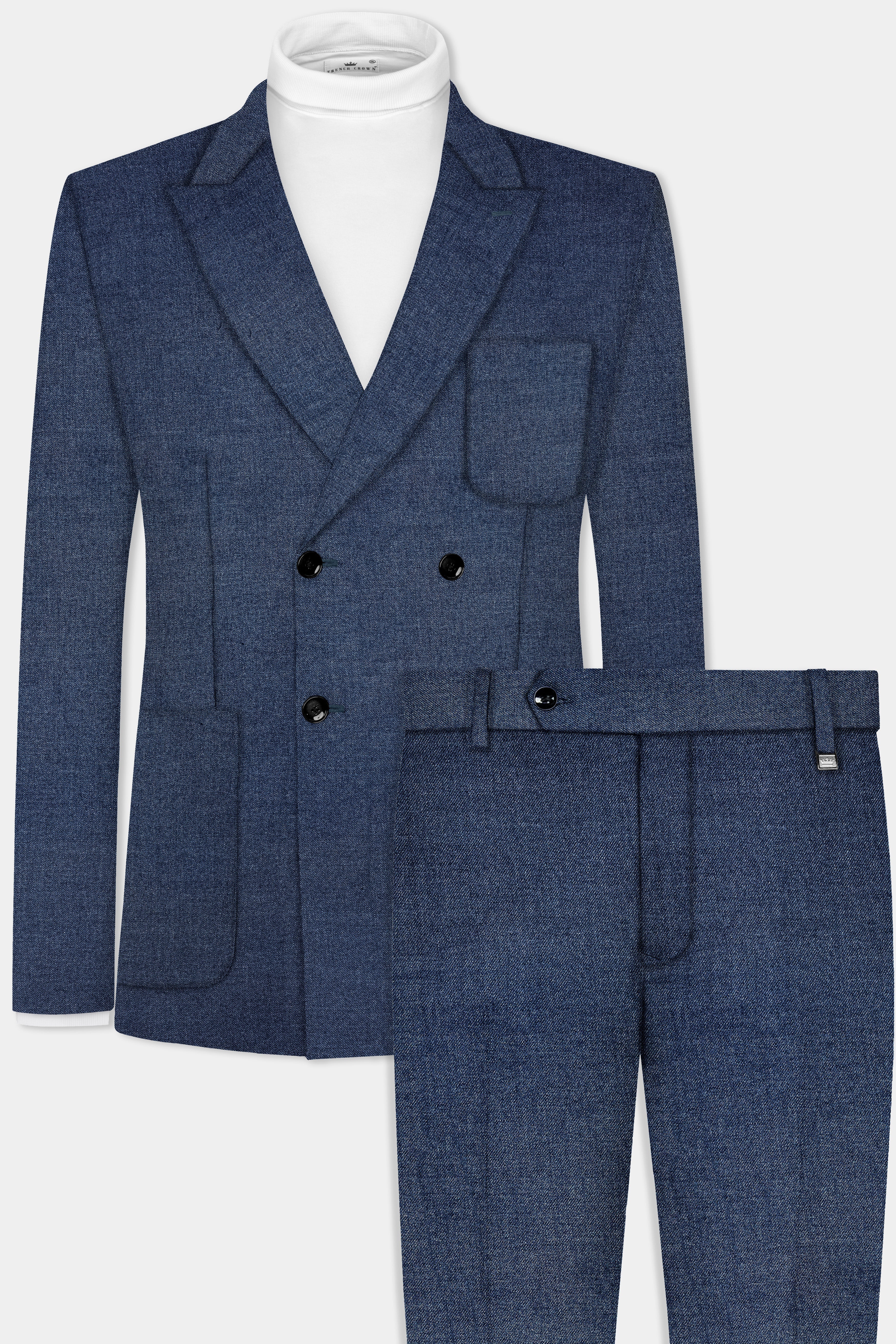 Blue Textured Tweed Wool Rich Patch Pocket Designer Sport Suit