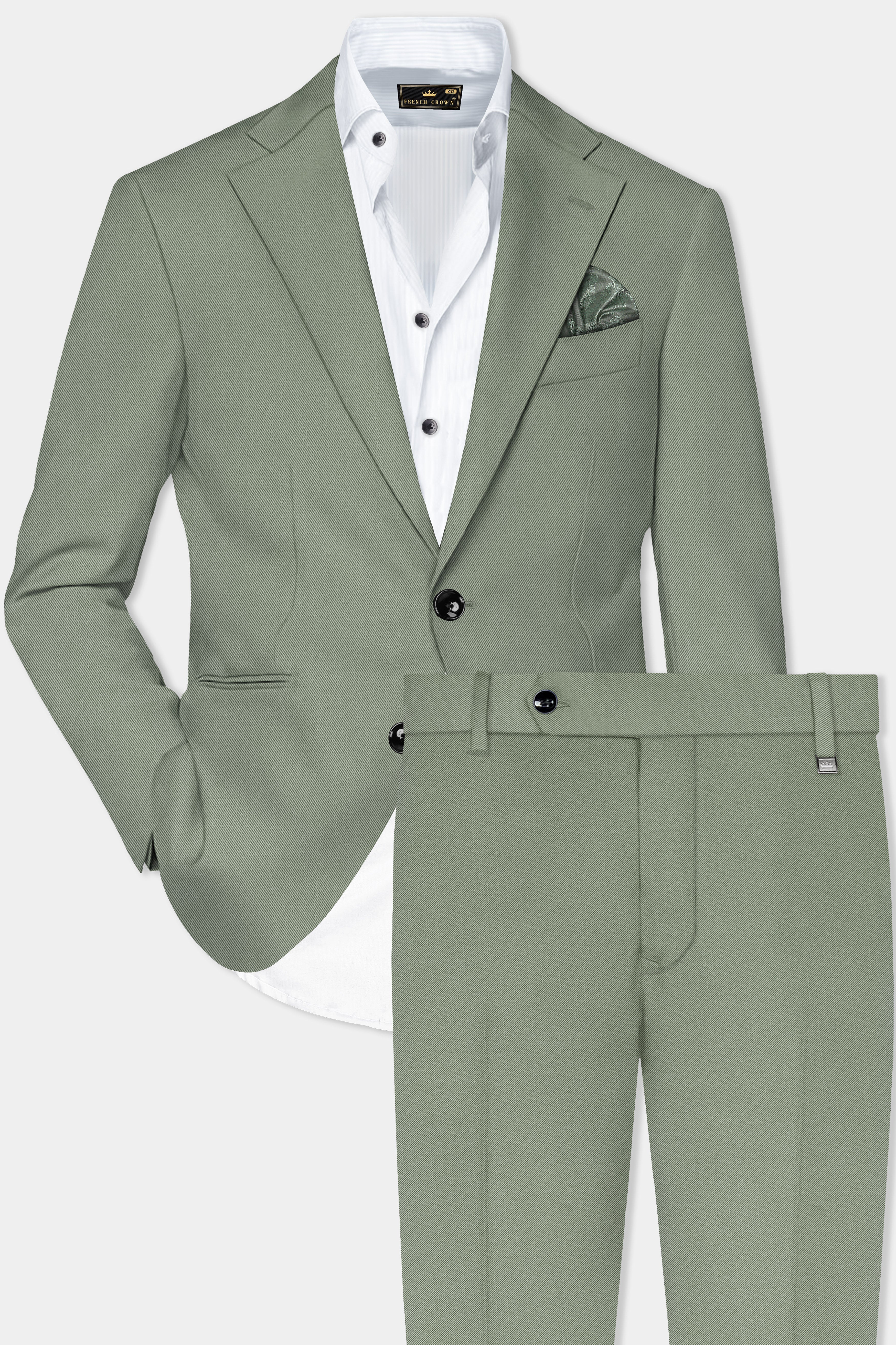 Spanish Green Solid Wool Rich Single Breasted Slight Stretch Suit