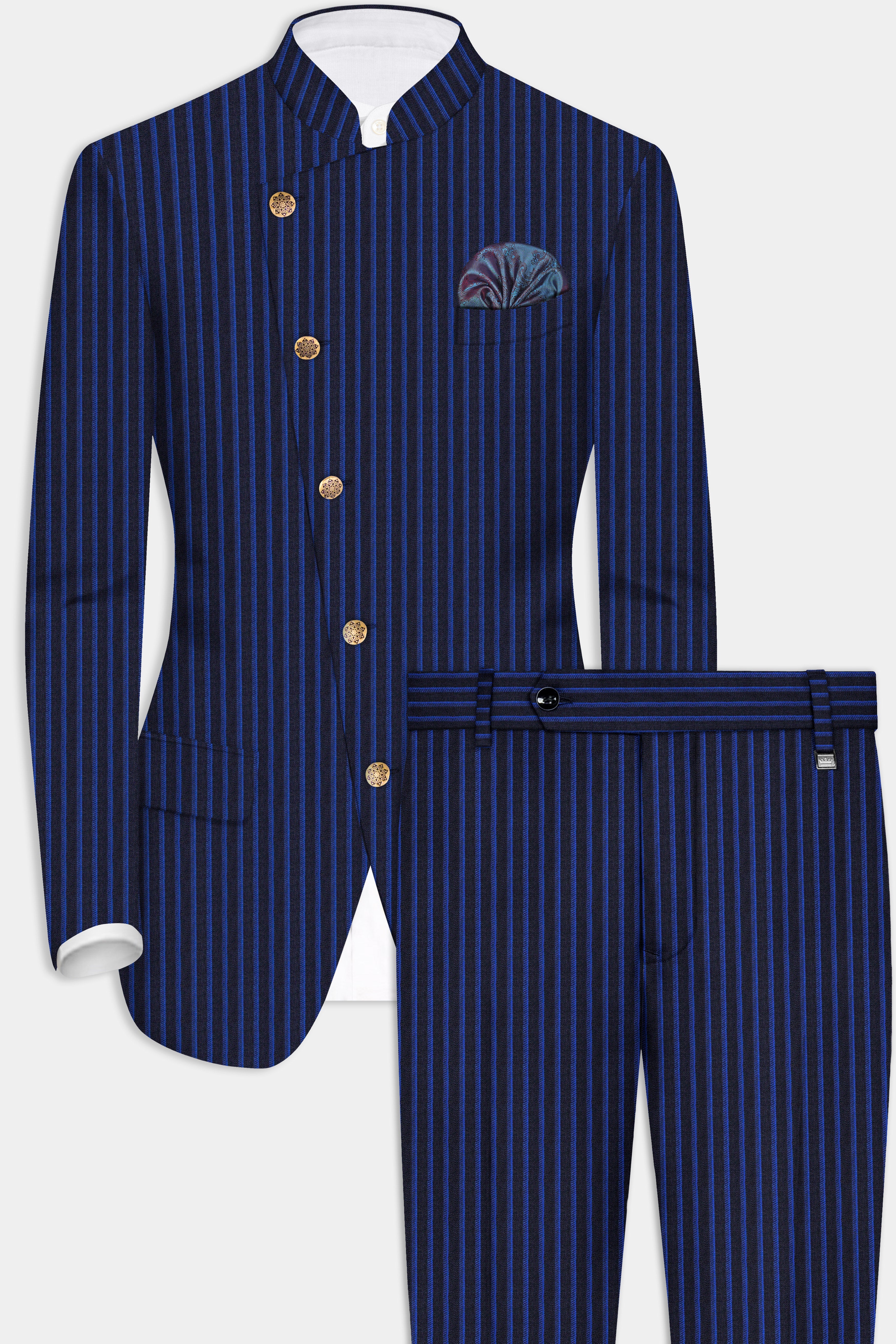 Sapphire Blue And Jade Black Striped Wool Rich Cross Placket Bandhgala Suit