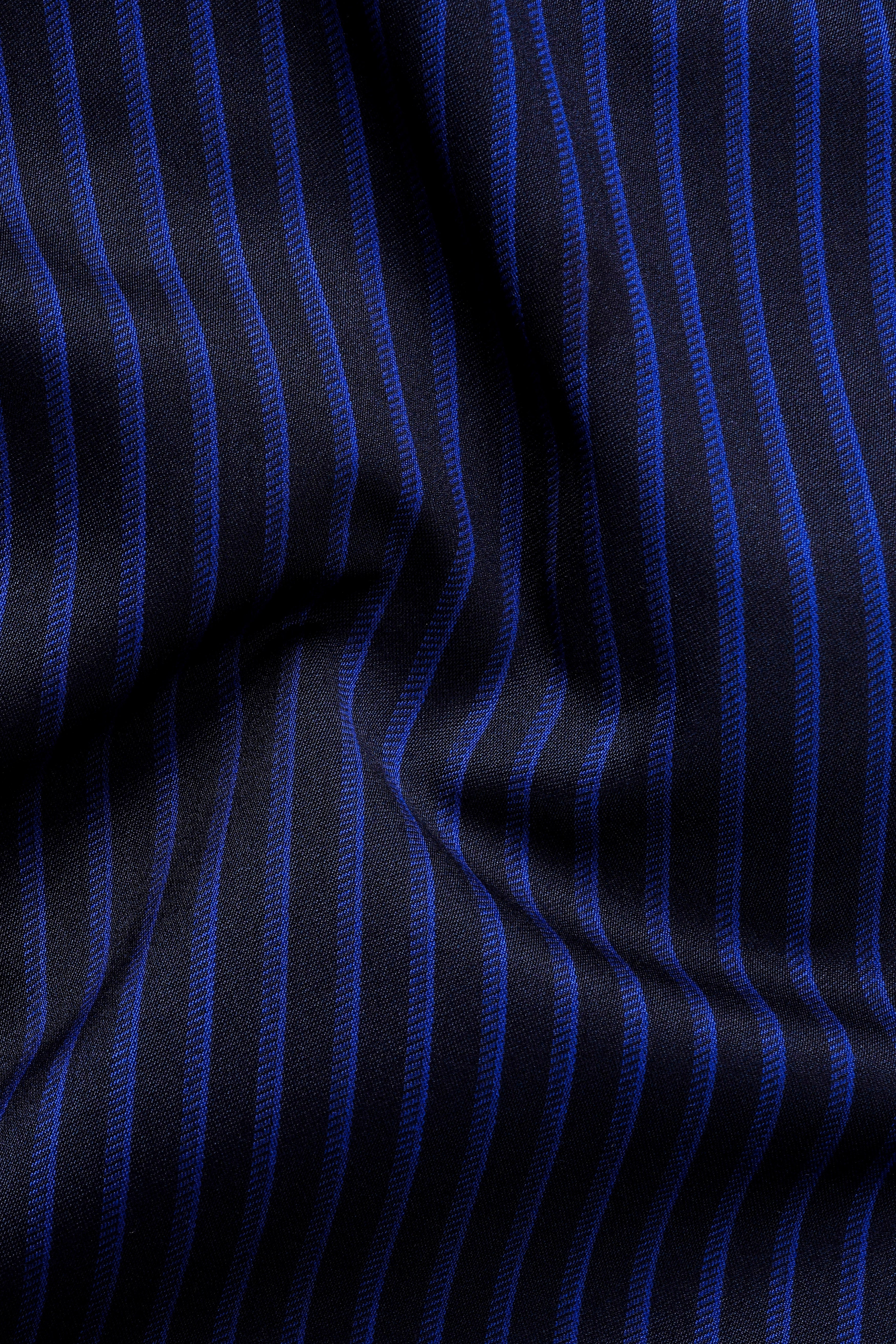 Sapphire Blue And Jade Black Striped Wool Rich Cross Placket Bandhgala Suit