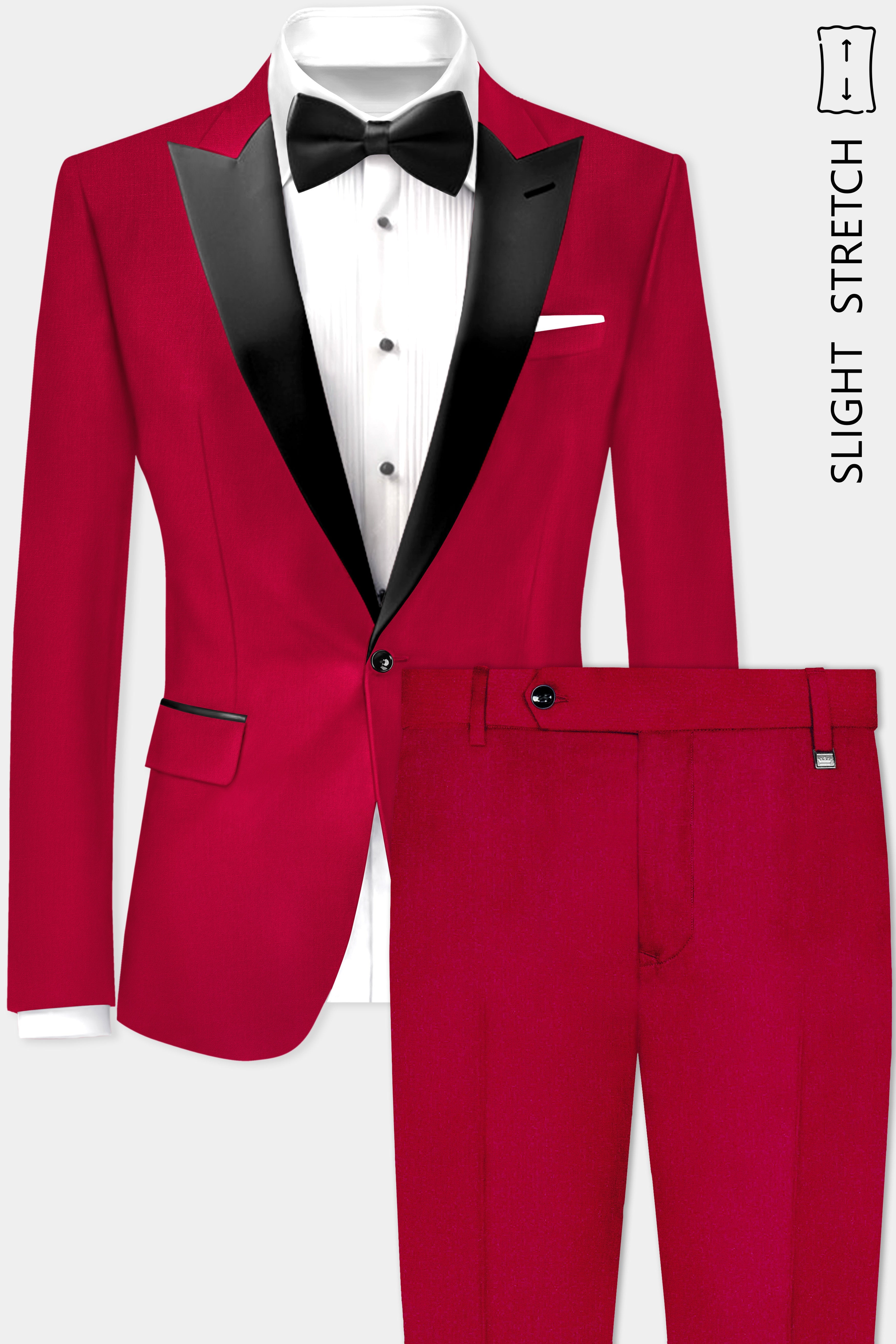 Vermilion-Chili Red Solid Wool Rich Peak Lapel Tuxedo Slight Stretch Suit