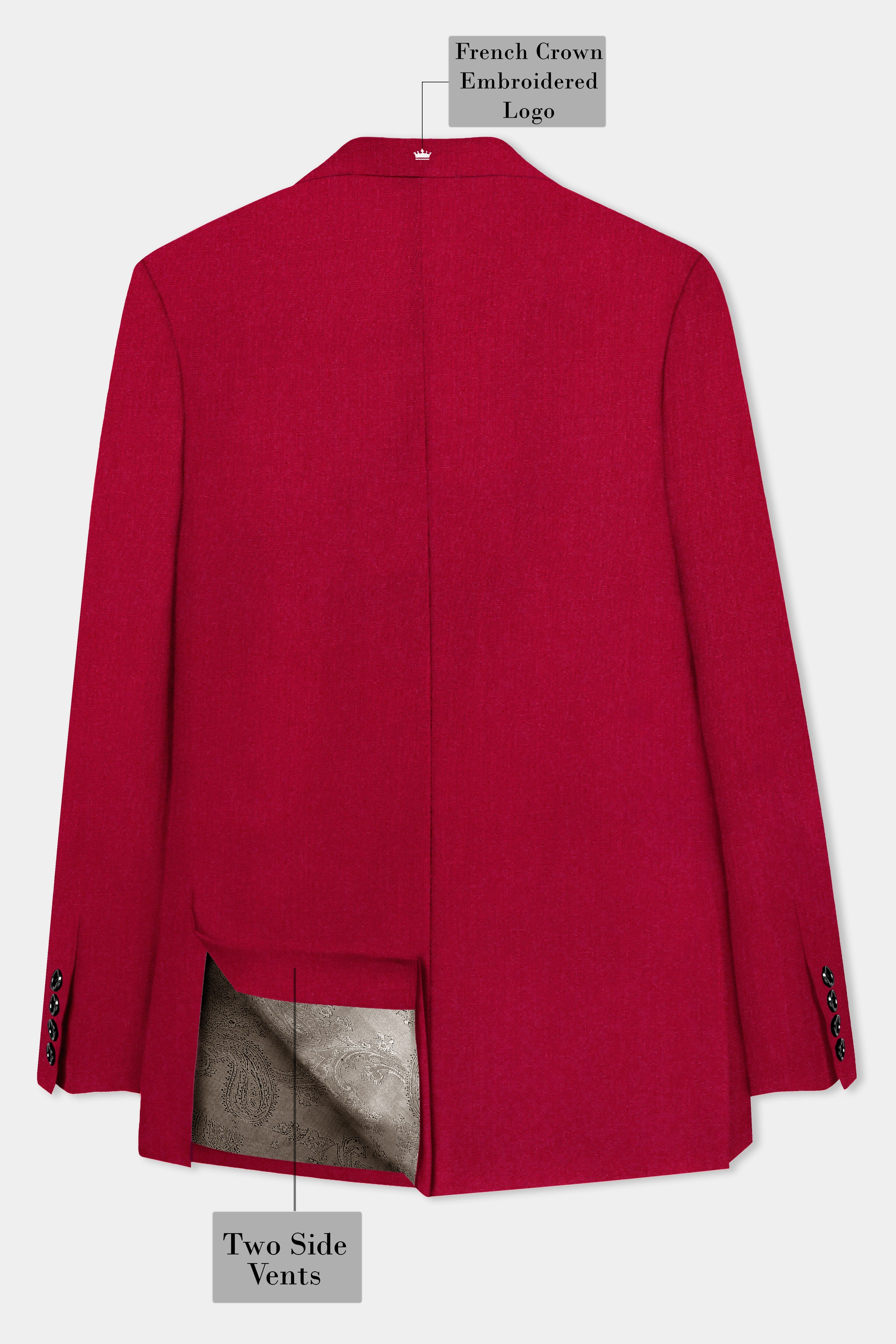 Vermilion-Chili Red Solid Wool Rich Peak Lapel Tuxedo Slight Stretch Suit
