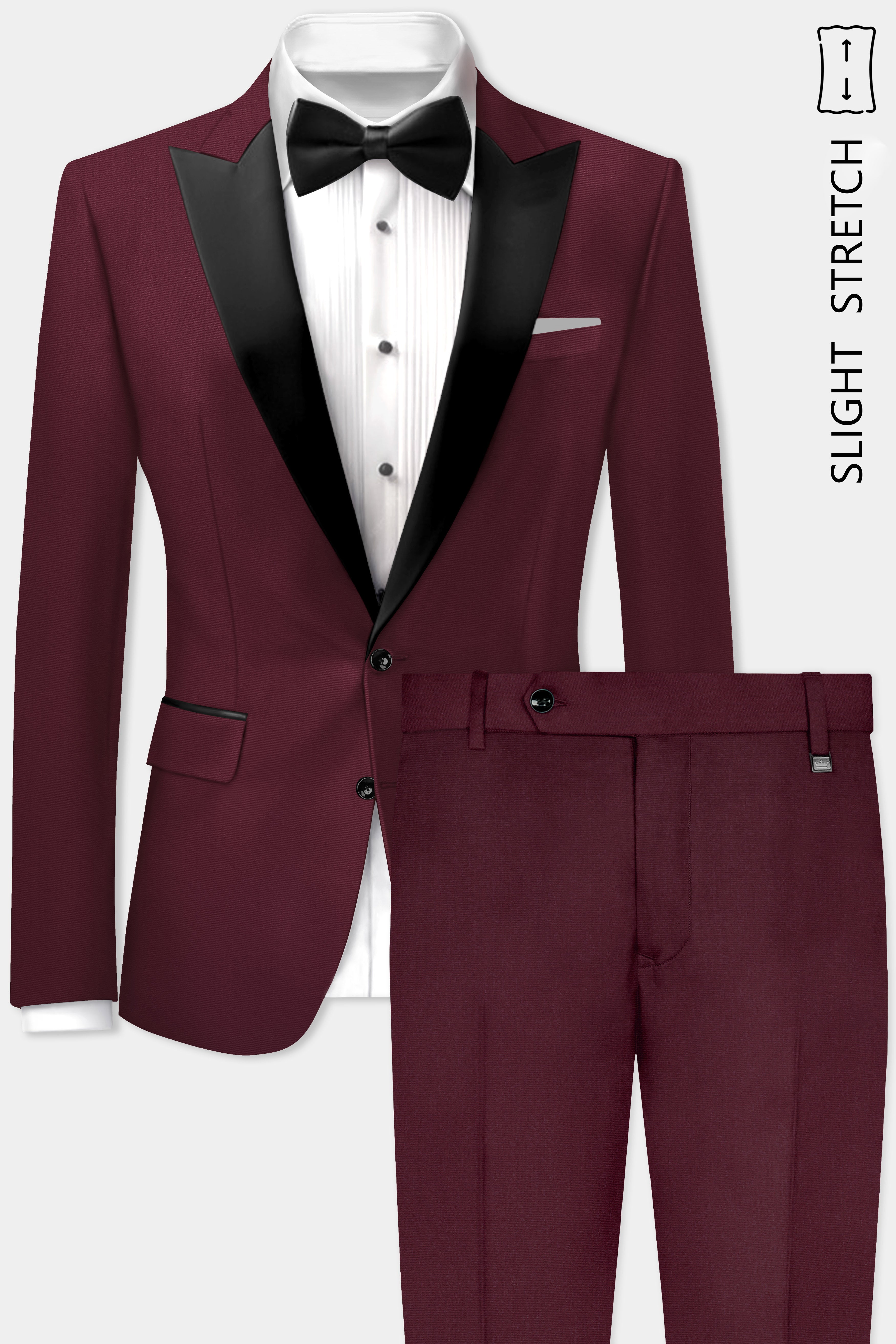 Merlot-Wine Berry Solid Wool Rich Peak Lapel Tuxedo Slight Stretch Suit