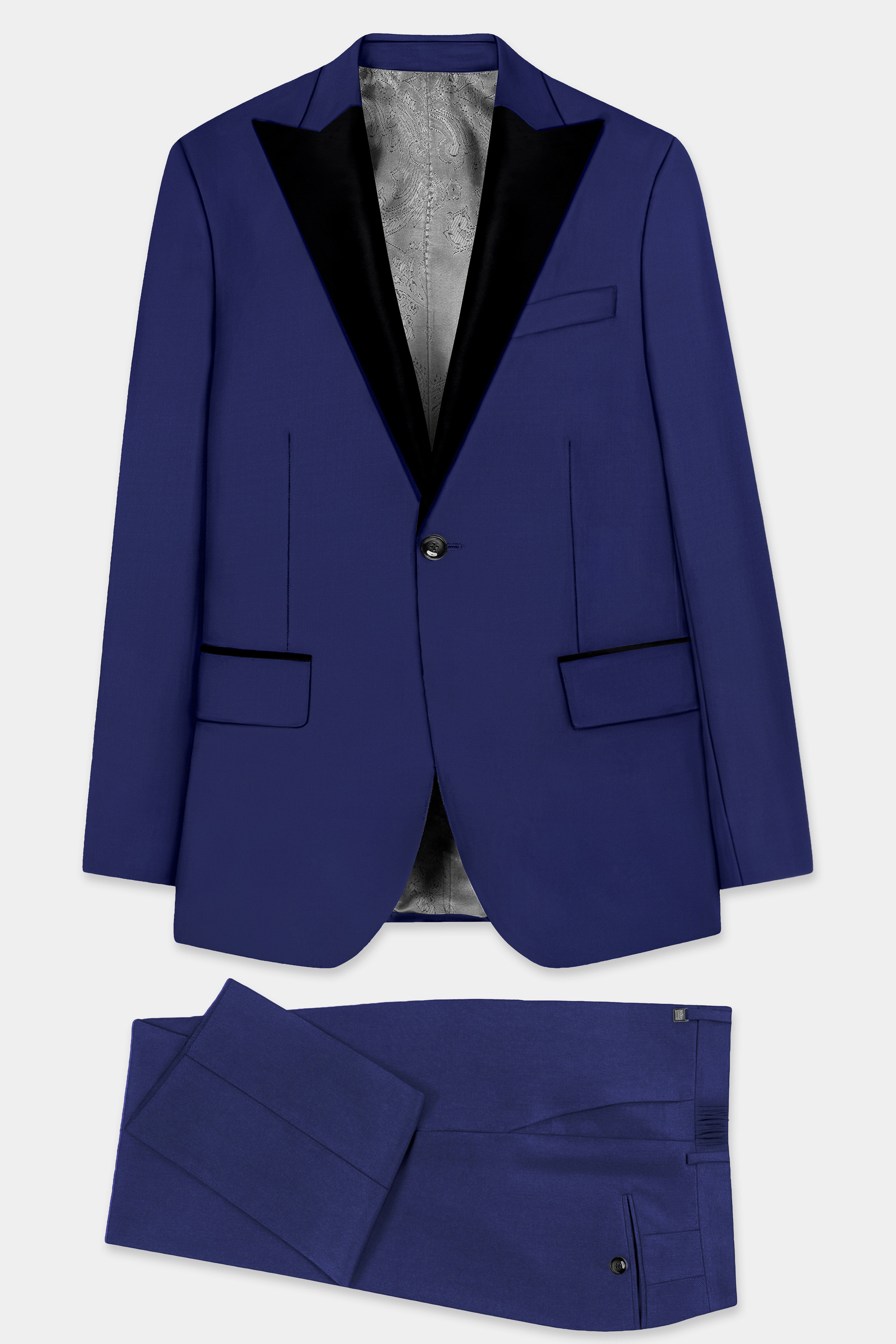 Celestia-Blue Solid Wool Rich Peak Lapel Tuxedo Slight Stretch Suit